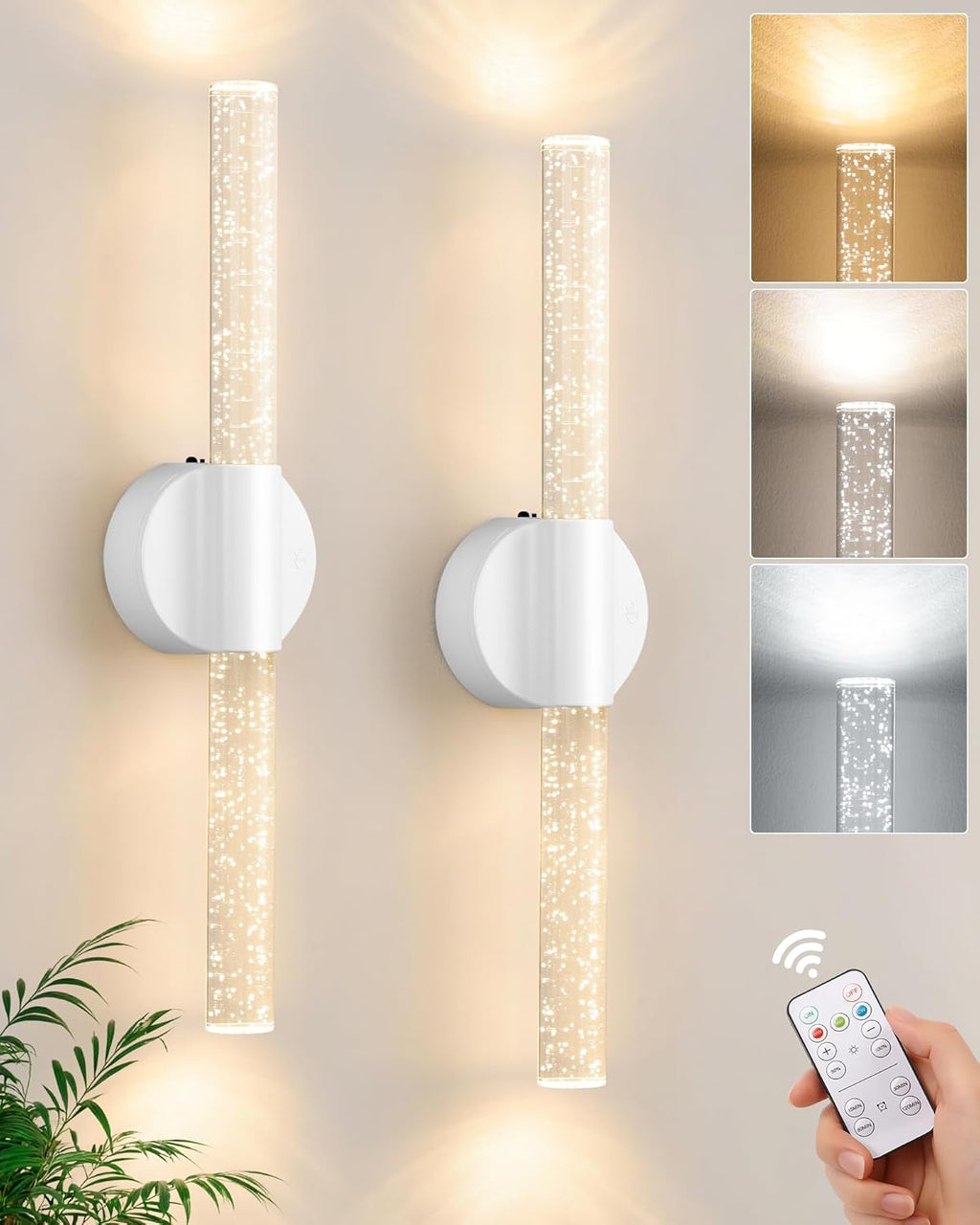 Peel and Stick on Battery Powered Wall Sconces Set of Two, Rechargeable Magnetic Linear Wall Lights for Bedroom, Cordless Sconces with Remote&Touch Control, 3CCT&Dimmable Vanity Wall Lamp, White