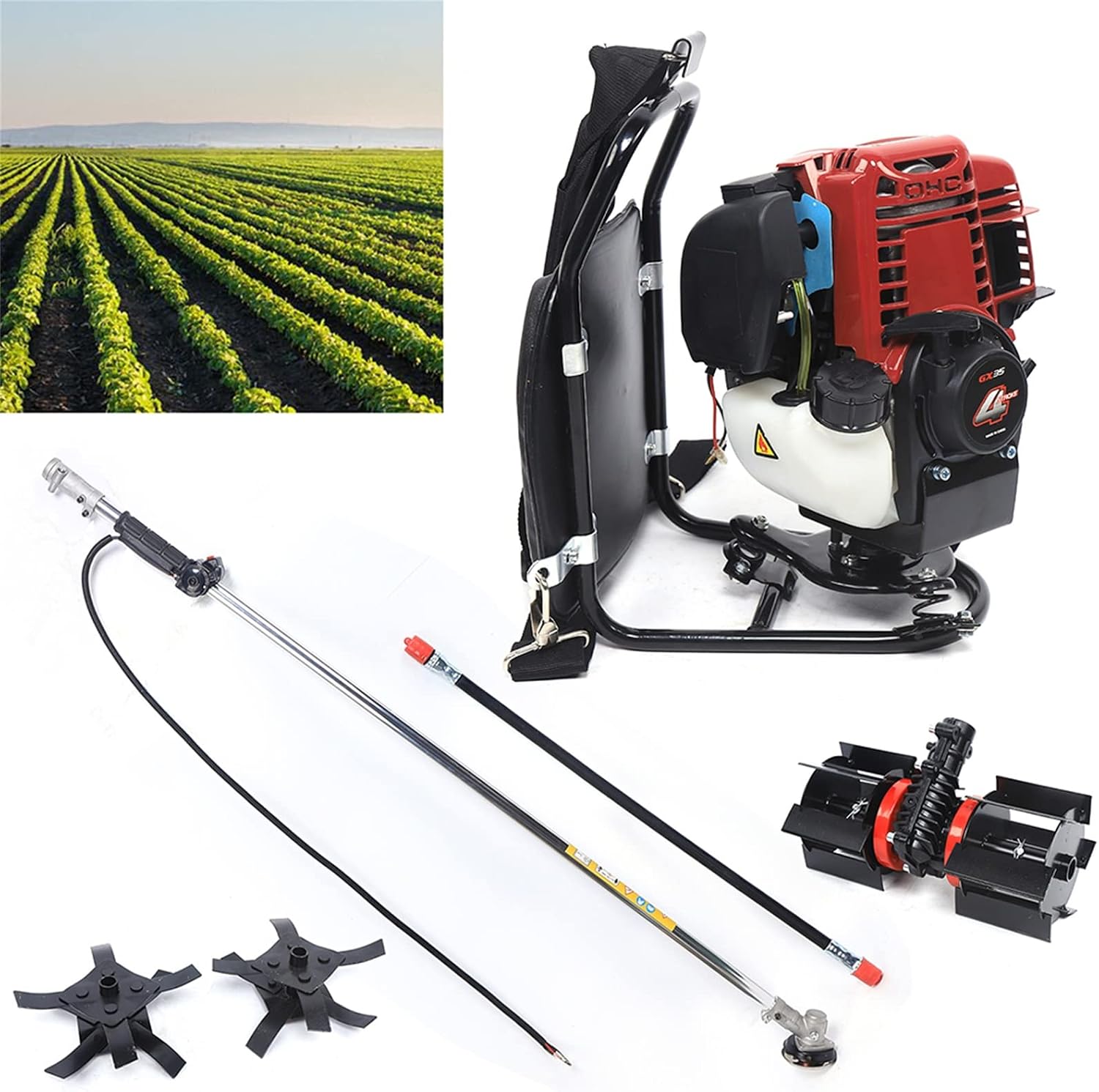 TBG140 4Stroke Cultivator Tiller Lawn Mower Hedge Trimmer Brush Cutter 2800rpm,3 in 1 Gas Powered Brush Grass Trimmer Cutter for Farmland Weeding, Harvesting, Clearing