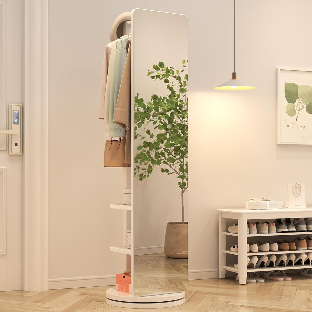 BOWEI Solid Wooden Coat Rack, Free Standing Coat Stand with Full Length mirror, Hall Coat Tree with Hooks and Storage Shelf for Coats, Hats, Bags, for Entryway, Hallway, Bedroom (White)