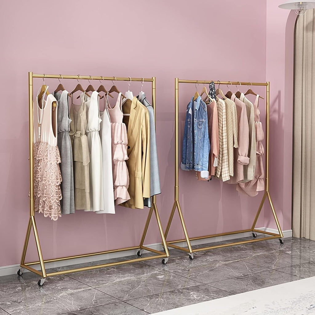 Heavy-Duty Multifunctional Clothing Rack with Wheels & Shelves, Gold Metal Garment Rack for Hanging Clothes, Large Capacity, 100x40x155CM, Perfect for Home & Retail Use