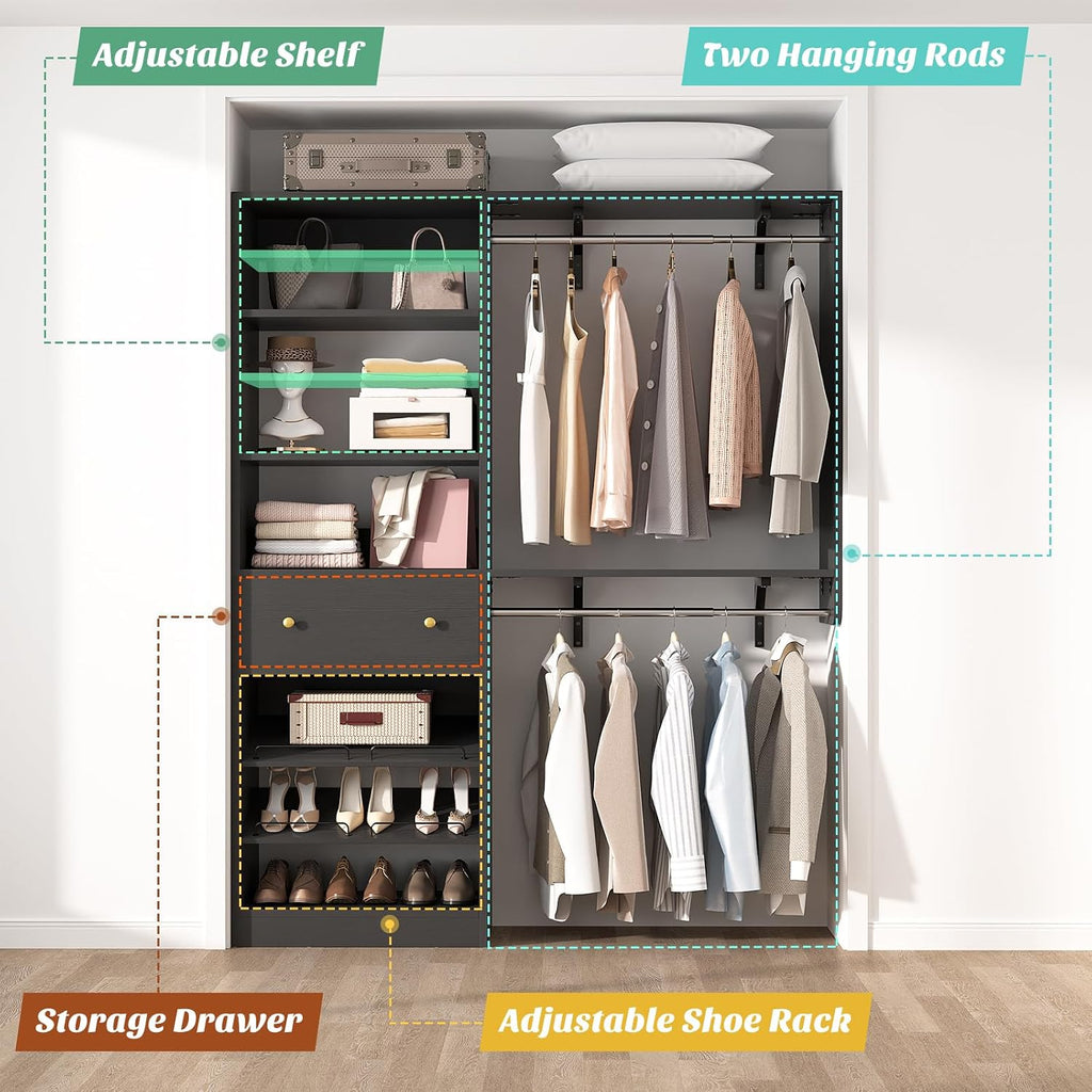 Closet System with Drawer - Reversible 5FT Wood Closet Organizer System with 2 Hanging Rods and Adjustable Shelf, Walk In Closet Organizers with Shoe Rack, Built-In Garment Rack Clothes Rack, Black