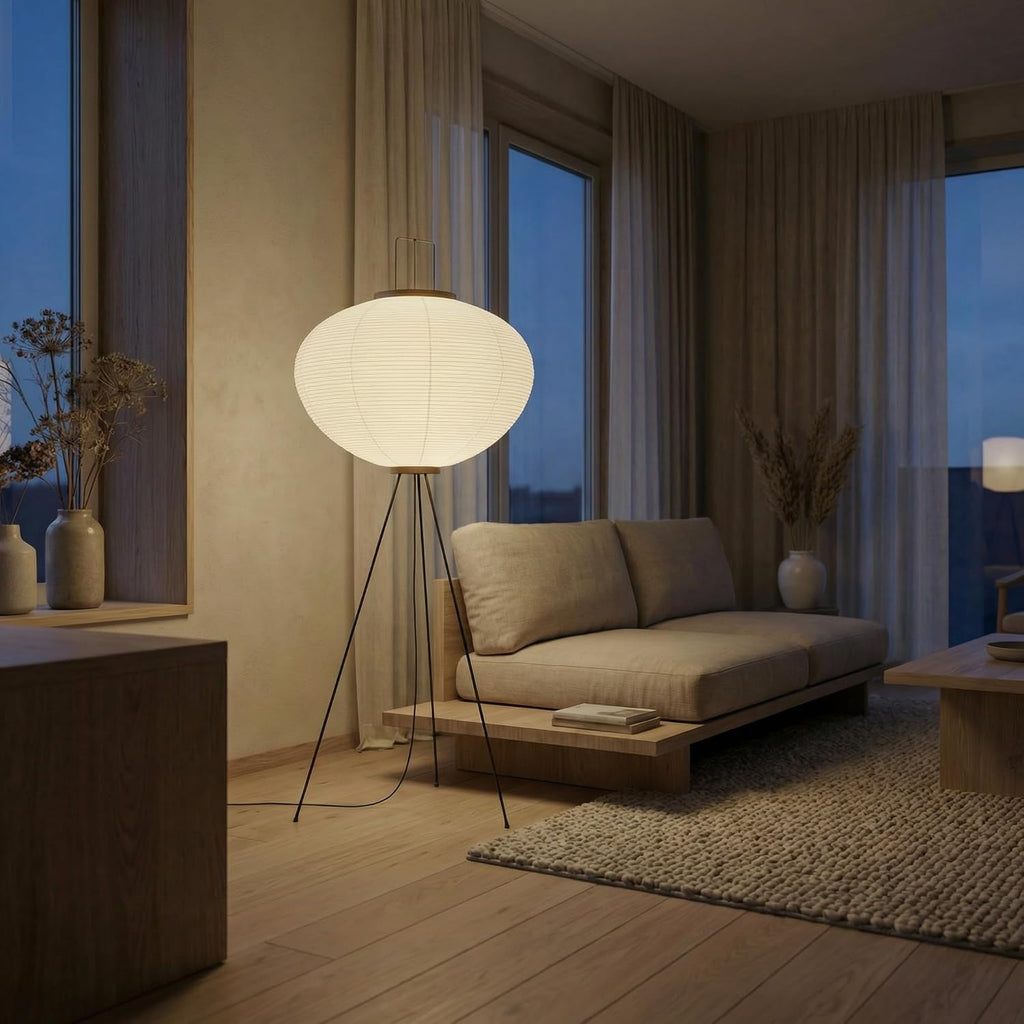 Nogy Noguchi Japanese Rice Paper Floor Lamp • 3000K Akari Standing Light for Living Room Bedroom, Modern Paper Lamp Design, Warm White Ambiance Lighting