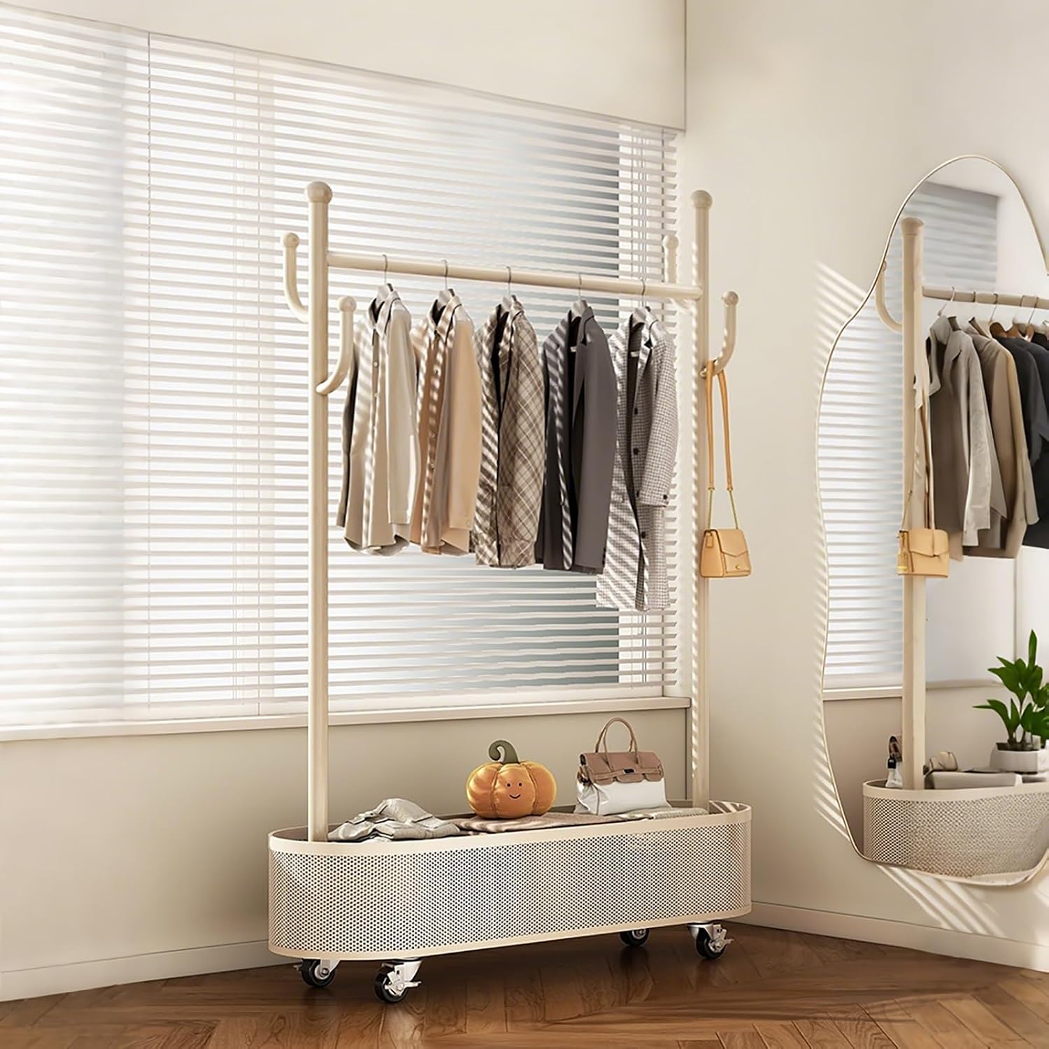 Clothes Rack with Storage Shelves and Coat/Hat Hooks,Heavy-Duty Metal Garment Rack,Hanging Clothes,Freestanding Clothing Racks(Gold,60cm/23.6in)