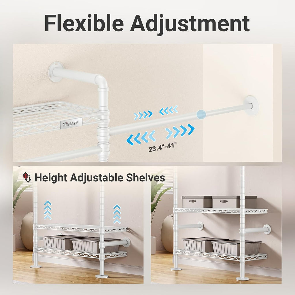 Timate S3X Expandable Wall Mounted Clothes Rack with 6 Adjustable Shelves & 4 Expandable Hanger Rods, Heavy Duty Industrial Pipe Clothing Rack for Hanging Clothes, Fits Spaces 5'11'- 8'10', White
