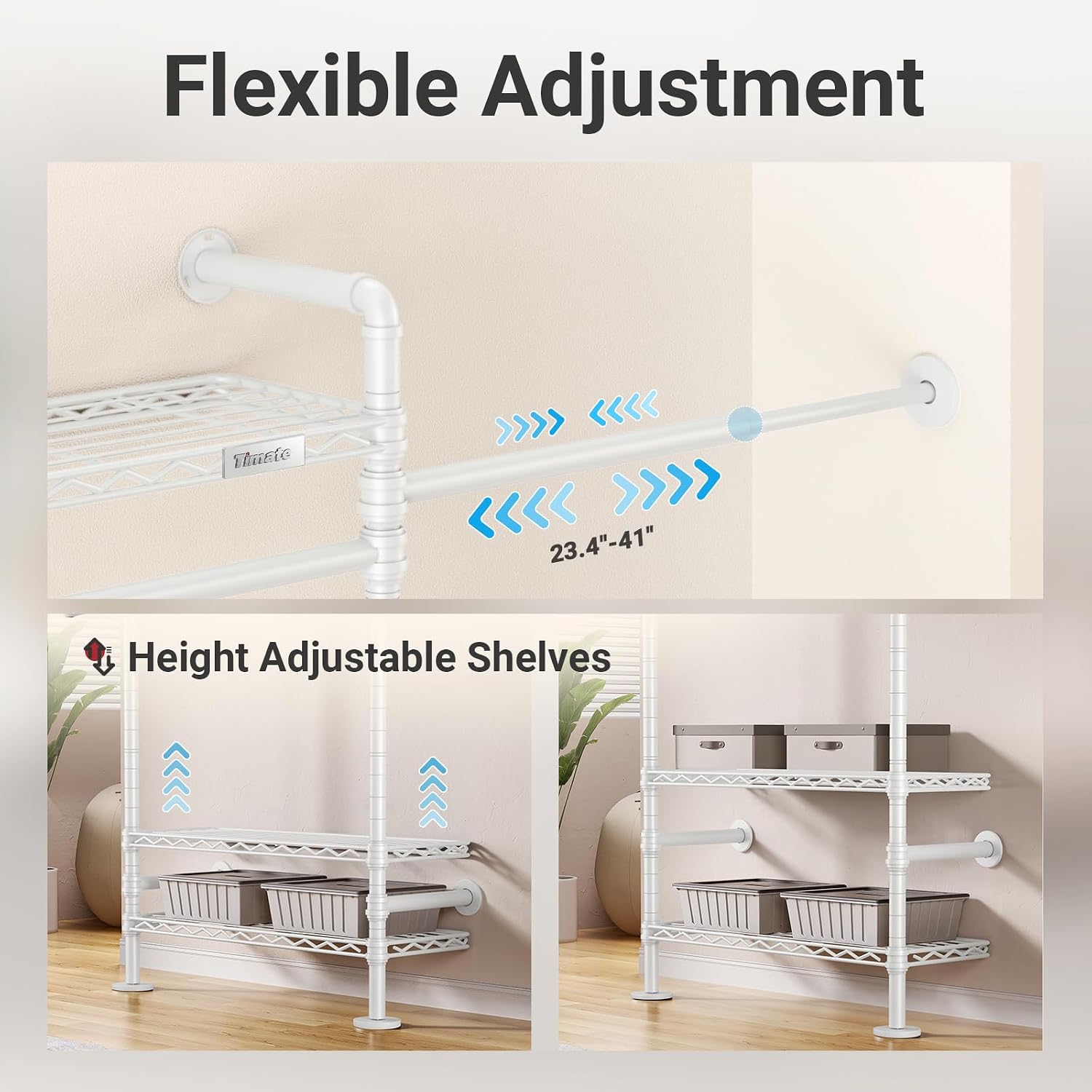 Timate S3X Expandable Wall Mounted Clothes Rack with 6 Adjustable Shelves & 4 Expandable Hanger Rods, Heavy Duty Industrial Pipe Clothing Rack for Hanging Clothes, Fits Spaces 5'11'- 8'10', White