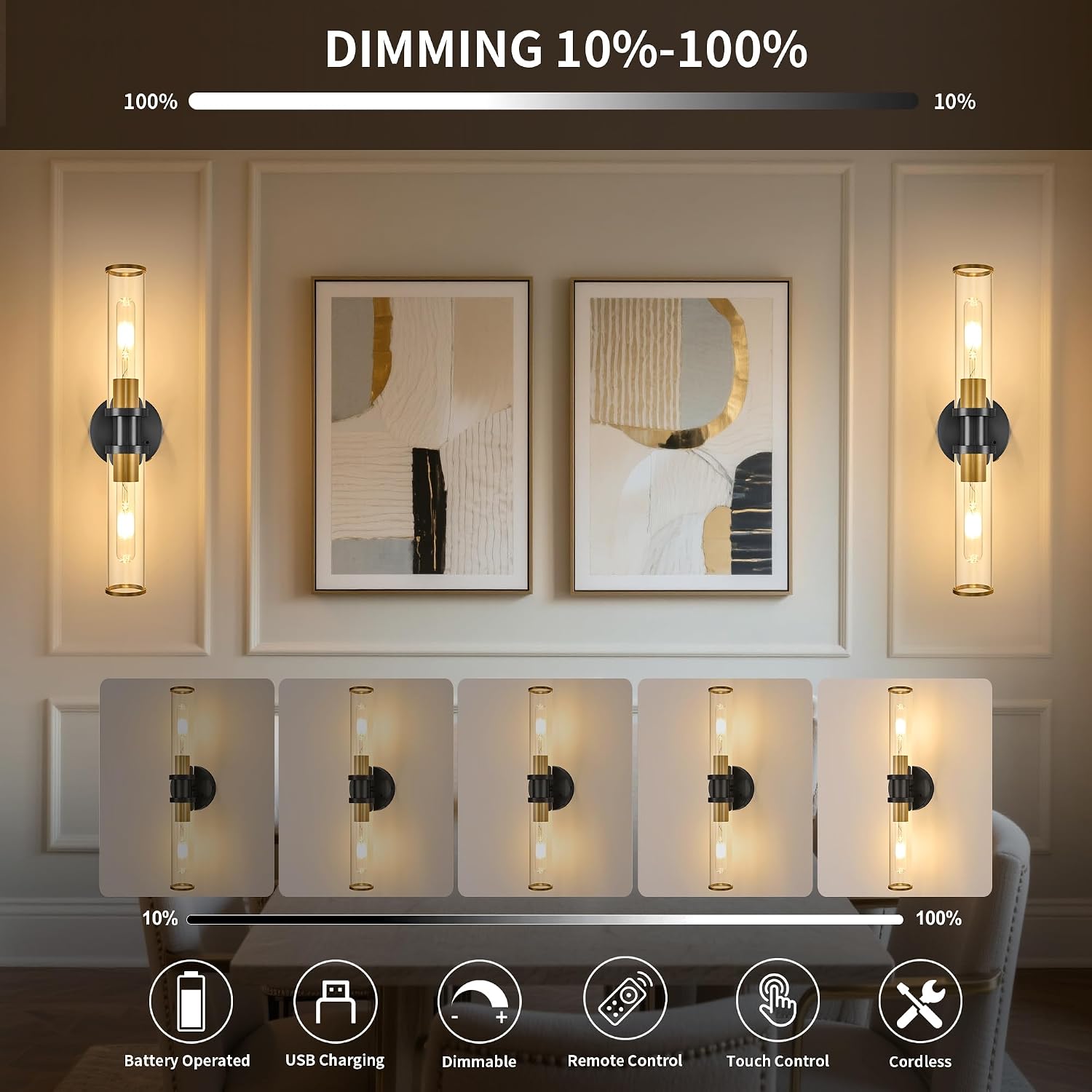 Rayogale Black & Gold Wireless Battery Operated Wall Sconces with Remote | Glass Rechargeable Wall Lights Set of 2 with Timer Function Dimmable for Living Room Bedroom Emergency 3000K, 20.5 Inch