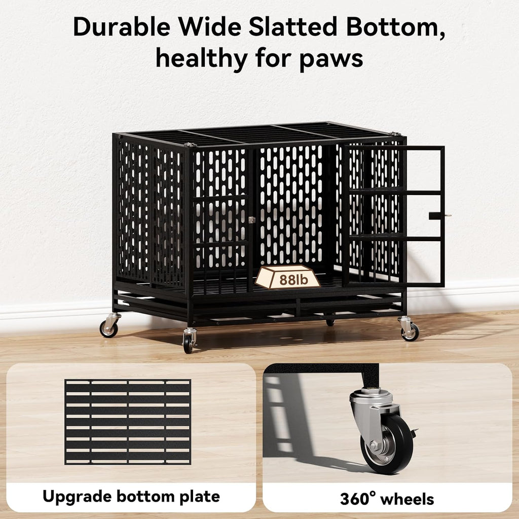 38 Inch Heavy Duty Dog Crate with Wheels,Indestructible Escape-Proof Dog Kennel with Locking Latch and Double Door,Extra Large XL XXL Crate Indoor for Large and Medium Dog with Removable Tray