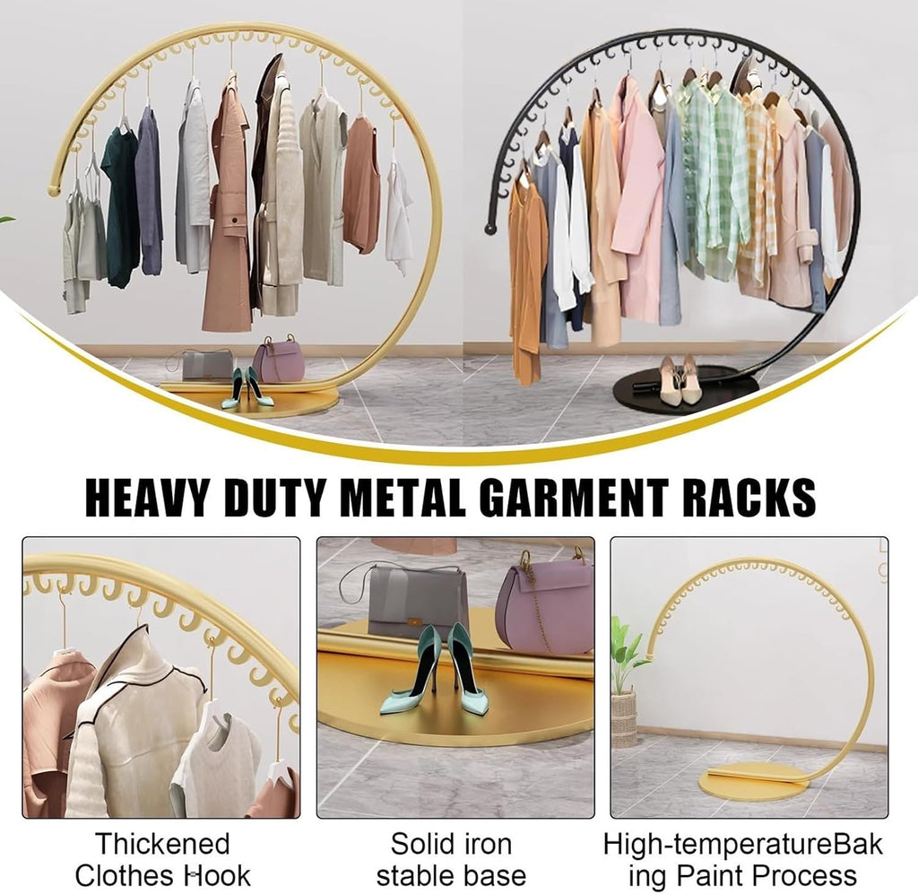 Floor Standing Metal Clothes Rack, Round Garment Rack With Stable Base, Commercial Portable Retail Display Clothing Racks, Creative Garment Rack For Hanging Clothes(Gold,160x150cm)