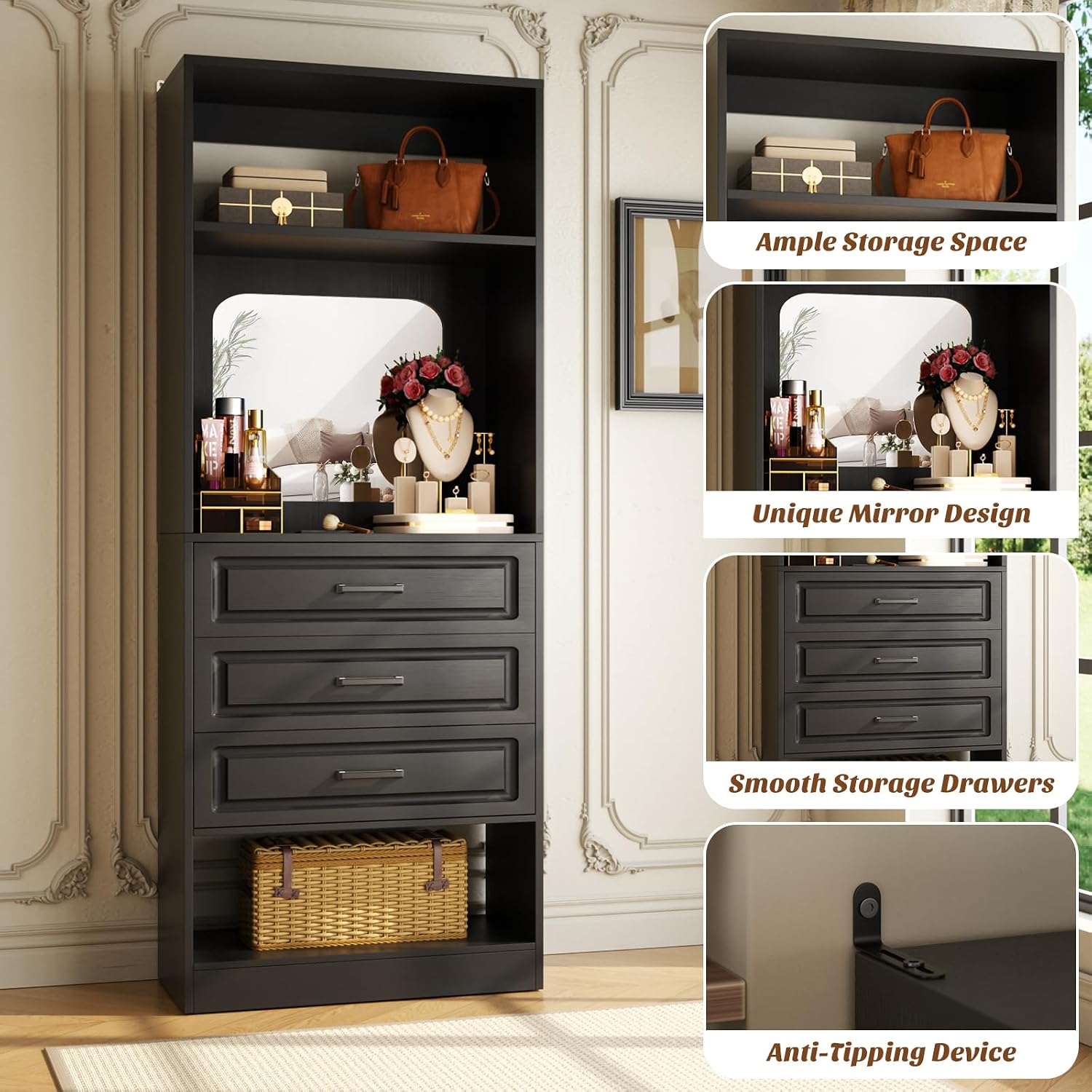 Unikito 25'Freestanding Closet System with 3 Drawers, Organizer Wardrobe with Storage Shelves and Mirror, Sturdy Wood Walk-in Organizer Systems for Small Closets, 25' W x 16' D x 80' H, Black
