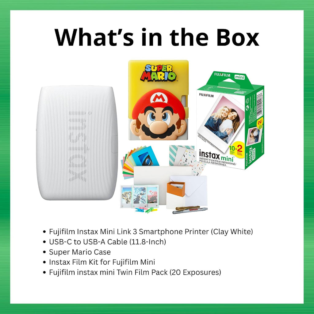 Fujifilm Instax Mini Link 3 Smartphone Printer with Super Mario Case (Clay White) Bundle with 20 Exposure Film and Accessories Kit (3-Items)