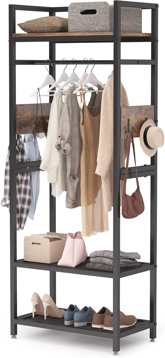 TRIBEHOME Small Clothes Rack, Freestanding Garment Rack with Shelf and Hanging Rod, Heavy Duty Coat Rack Hall Tree for Living Room, Bedroom, Hallway