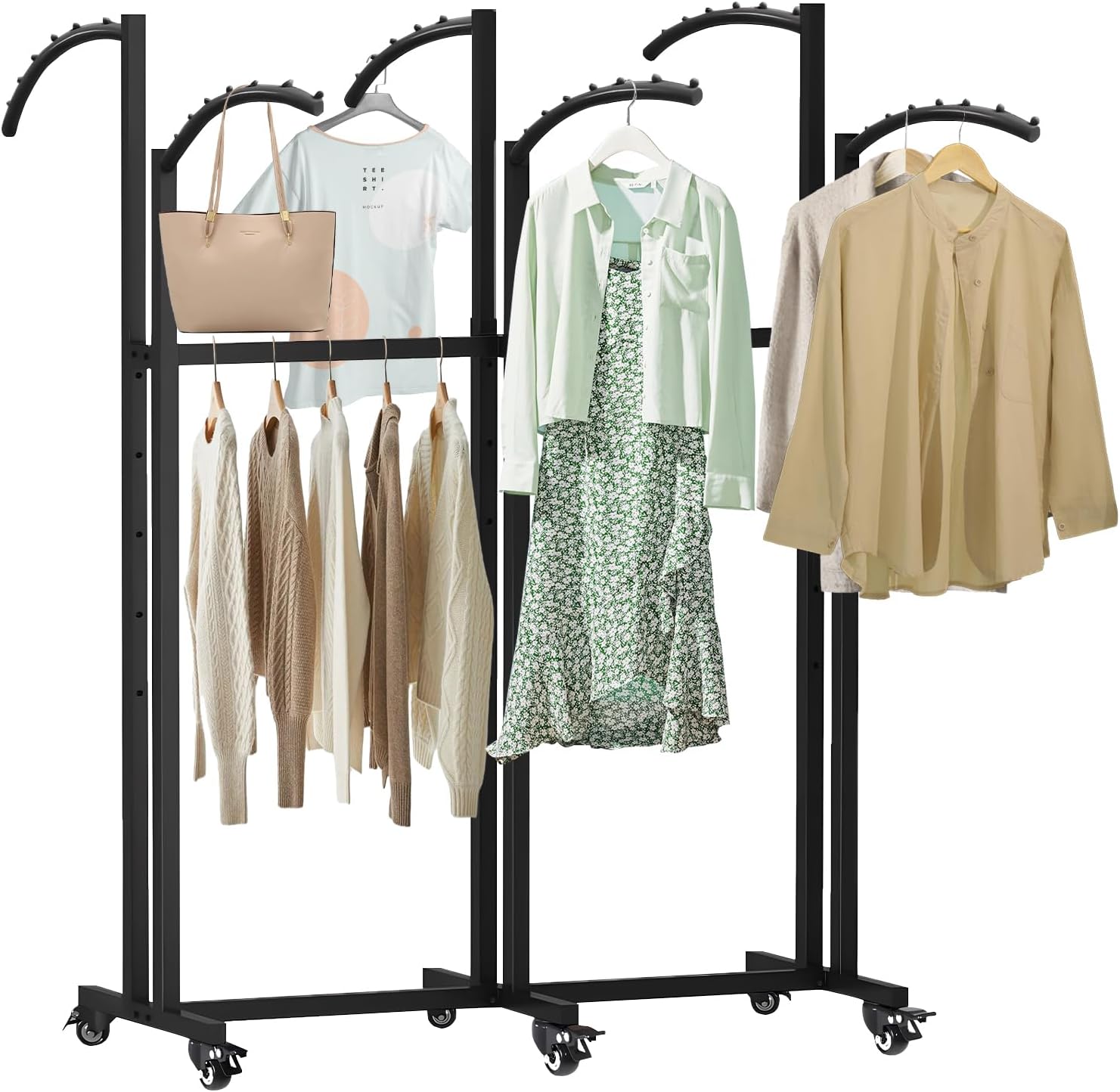 Floor Standing Metal Garment Rack With Wheels, 6 Arms Clothing Rack, Heavy Duty Metal Clothing Garment Rack with Curved Arms, Display Rack for Hanging Clothes,Black