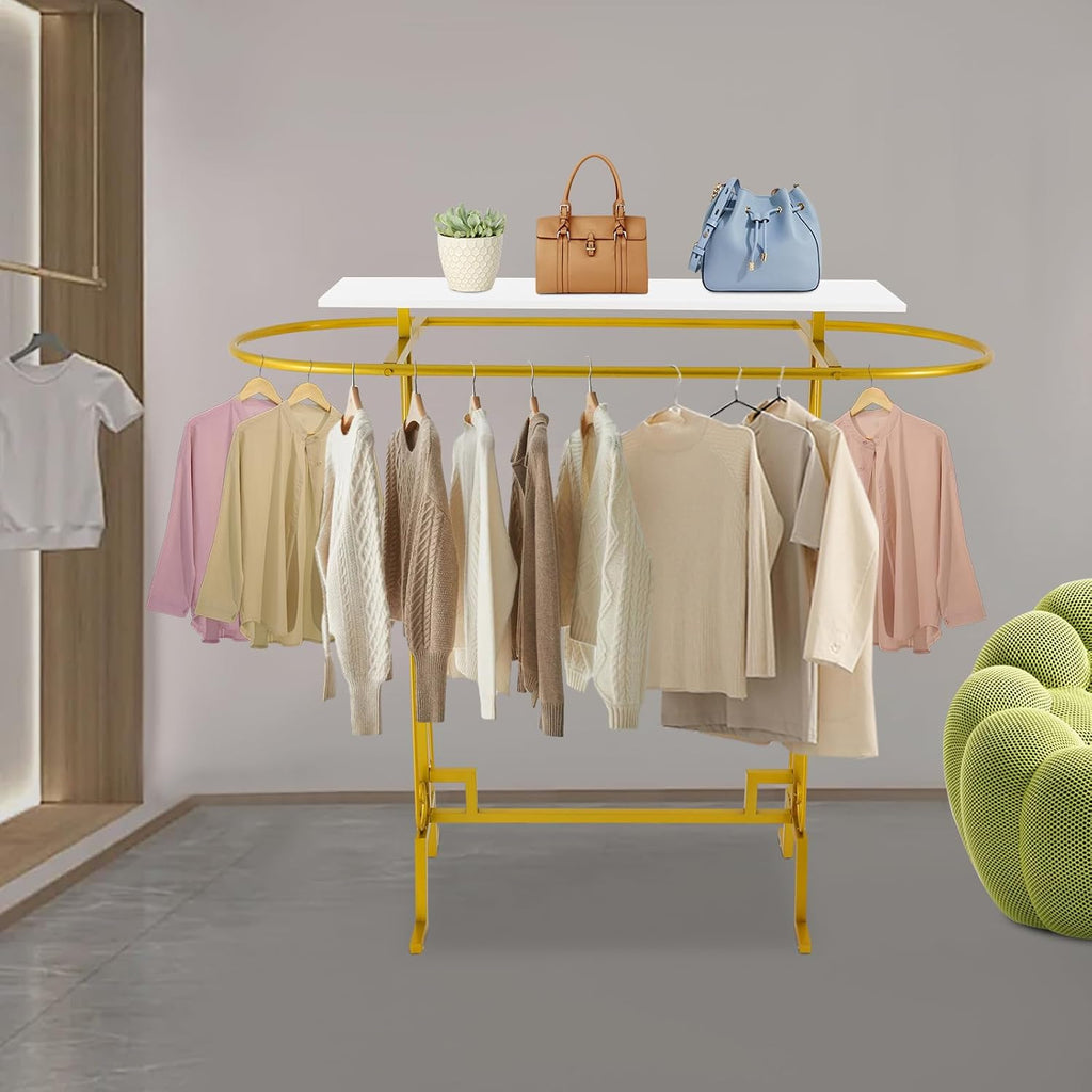 Round Clothing Hanging Rack, Oval Iron Garment Display Retail Rack with Top Storage Shelf, Retail Display Stand for Hanging And Displaying Various Clothes,Scarves(Gold)