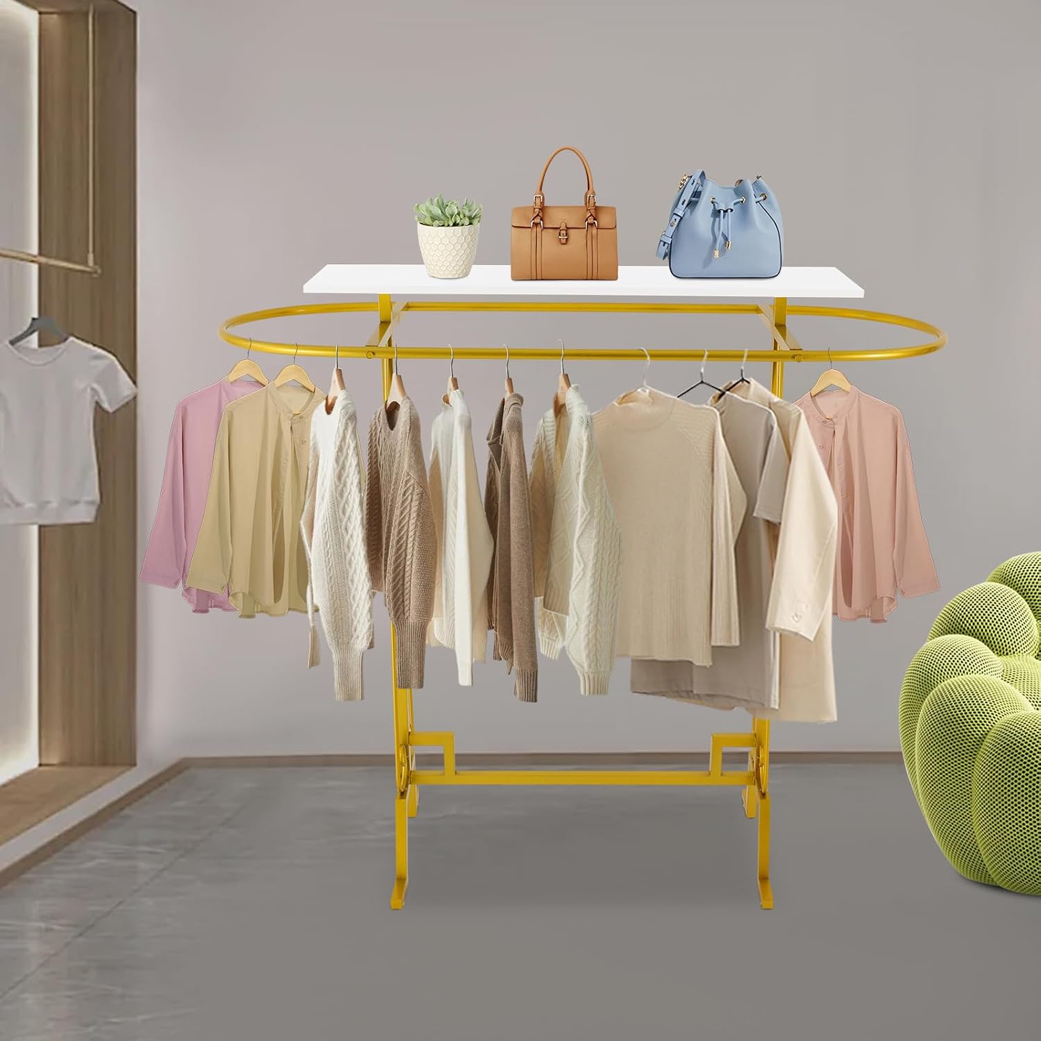 Round Clothing Hanging Rack, Oval Iron Garment Display Retail Rack with Top Storage Shelf, Retail Display Stand for Hanging And Displaying Various Clothes,Scarves(Gold)