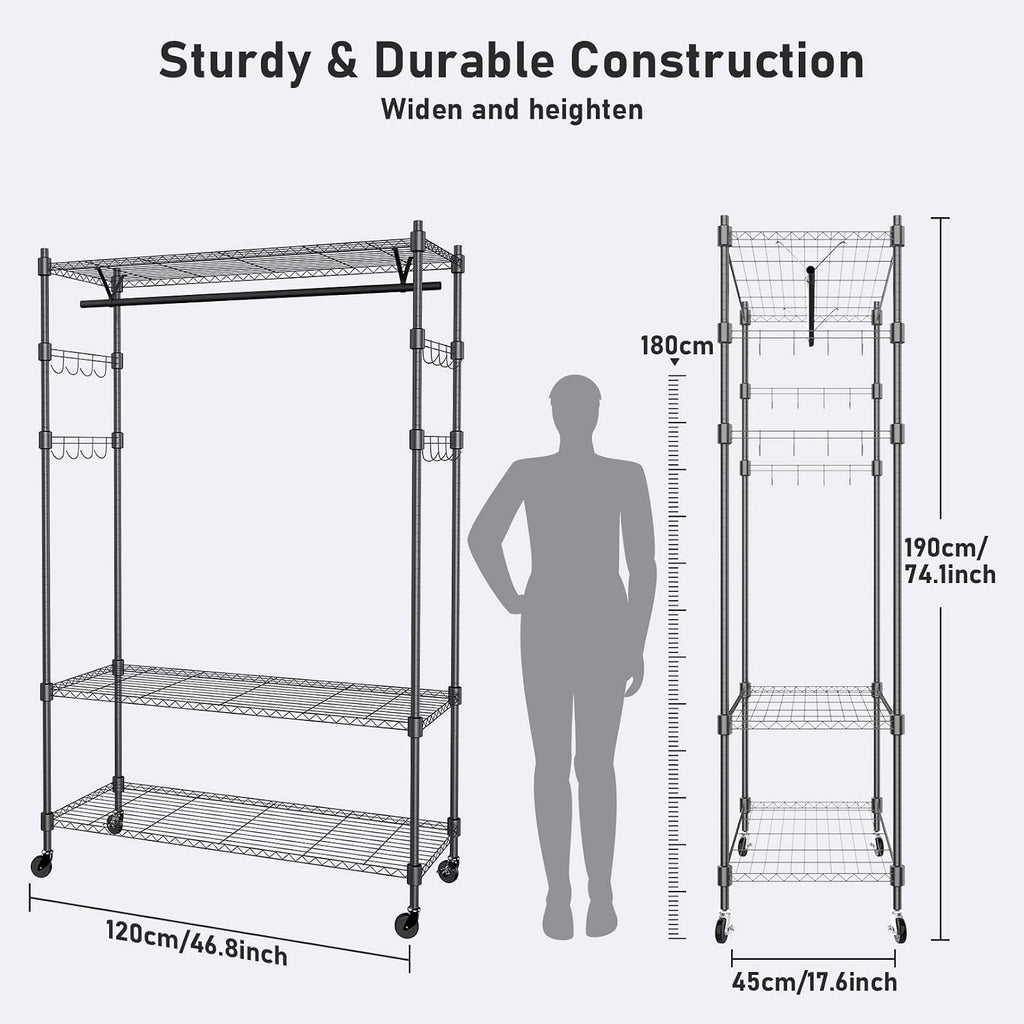 Heavy Duty Clothes Rack, Adjustable Rolling Garment Rack with Shelves, Freestanding Wardrobe Rack 1 Clothes Hanging Bar, 3 tired Wire Shelving, 4 Hanger Hooks - Hold Up to 400Lbs (Black, 1Rod 4Hook)