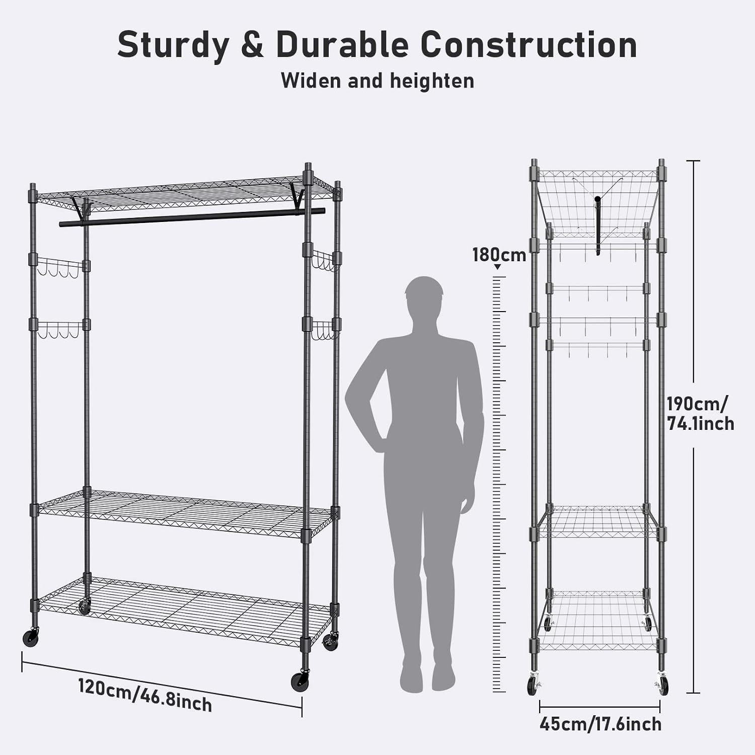 Heavy Duty Clothes Rack, Adjustable Rolling Garment Rack with Shelves, Freestanding Wardrobe Rack 1 Clothes Hanging Bar, 3 tired Wire Shelving, 4 Hanger Hooks - Hold Up to 400Lbs (Black, 1Rod 4Hook)