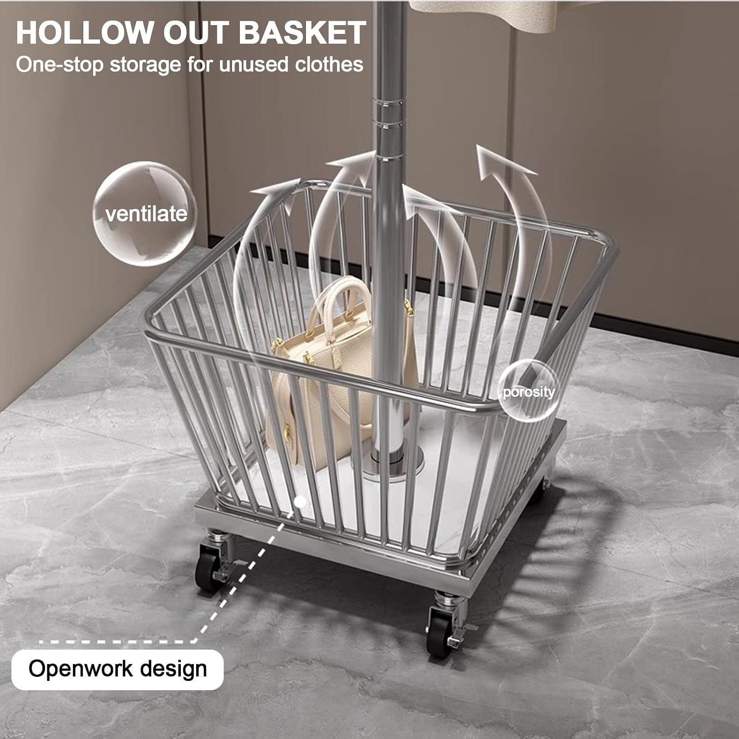 Metal Clothing Rack,Laundry cart with Hanging Rack,Standing Clothes Rack,Rolling Garment Rack,(Gold)
