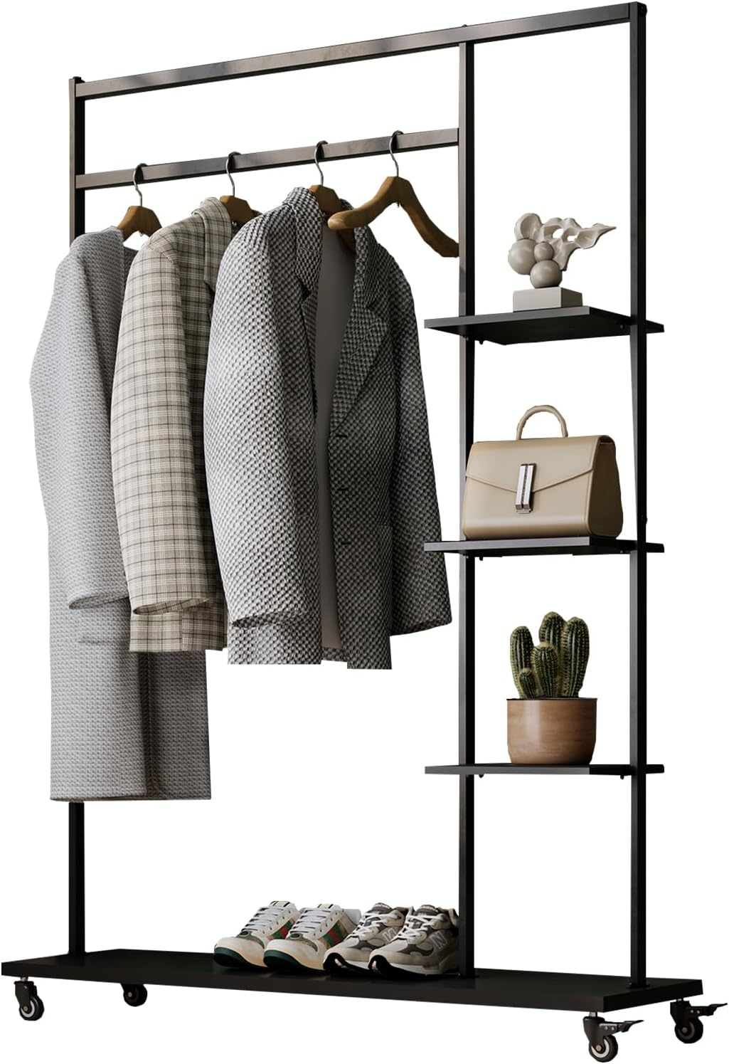 Rolling Garment Rack with Shelves on Wheels,Freestanding Metal Clothing Rack with 4 Storage Shelves,Sturdy Clothes Rack for Hanging Clothes, Bedroom,Closet,Entryway,Boutique Display