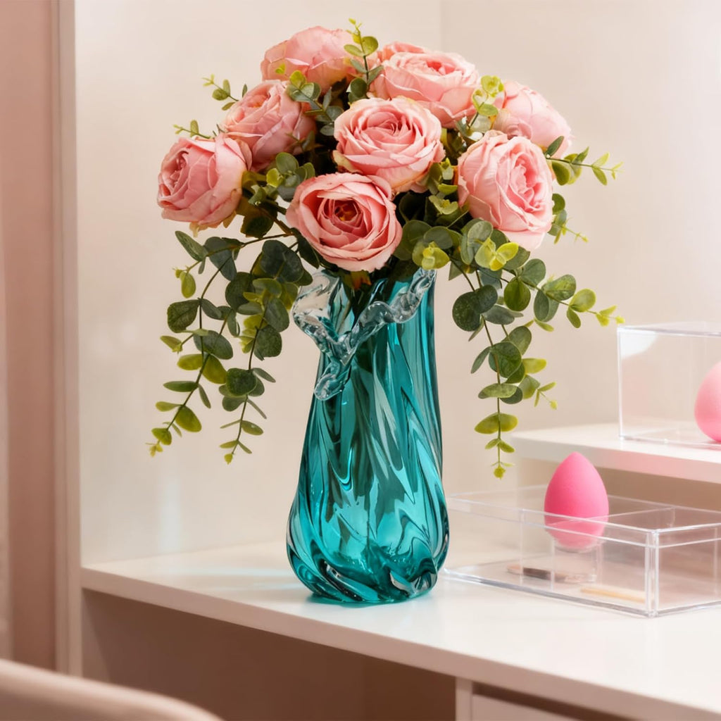 Vases Home Decor - 13In Crystal Vase, Glass Blue Vase, Flower Holders for Bouquet, Centerpieces & Single Stems, Tall for Roses, Dried Flowers, Pampas Grass, Fits Living Room Bedroom Office (S)