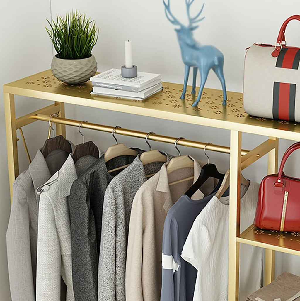 Metal Clothing Rack With Rods Freestanding Garment Rack For Hanging Clothes Organizer Wardrobe With 6-Tier Storage Shelve For Bedroom, Entryway (Color : Gold, Size : 90cm)