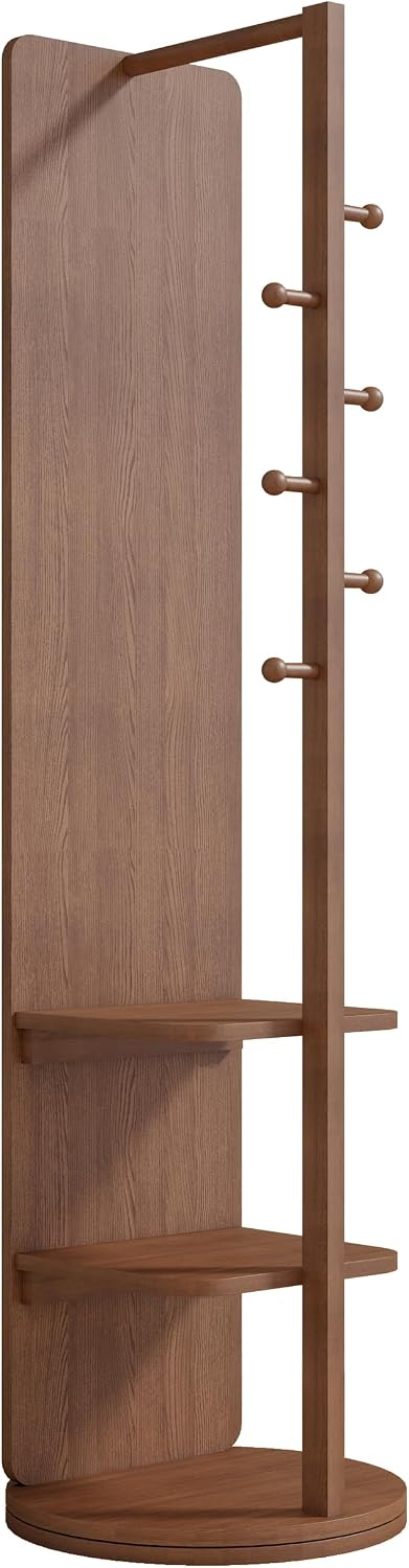 BOWEI Solid Wooden Coat Rack, Free Standing Coat Stand with Full Length mirror, Hall Coat Tree with Hooks and Storage Shelf for Coats, Hats, Bags, for Entryway, Hallway, Bedroom (Walnut)