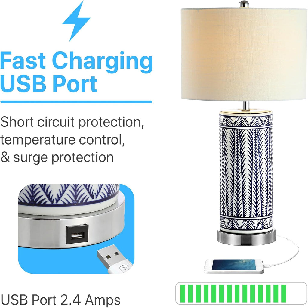 JONATHAN Y 27' Navy Ceramic Contemporary USB Charging LED Table Lamp Set of 2, Geometric Column Lamp with White Linen Drum Shade, Chrome Base, LED Bulbs Included JYL6615A-SET2
