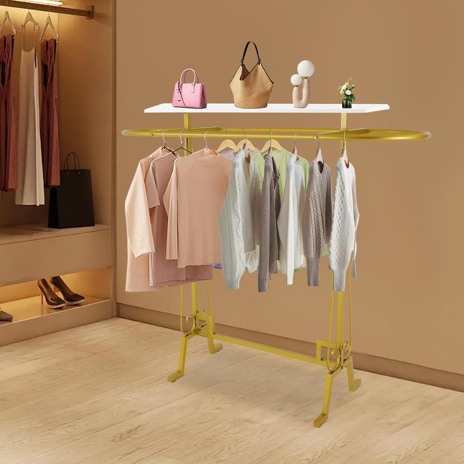 Gold Modern Clothing Display Stand Heavy Duty Commercial Clothes Hanging Rack, 110 lbs Freestanding Garment Rack with Shelf for Store, Boutique, Home