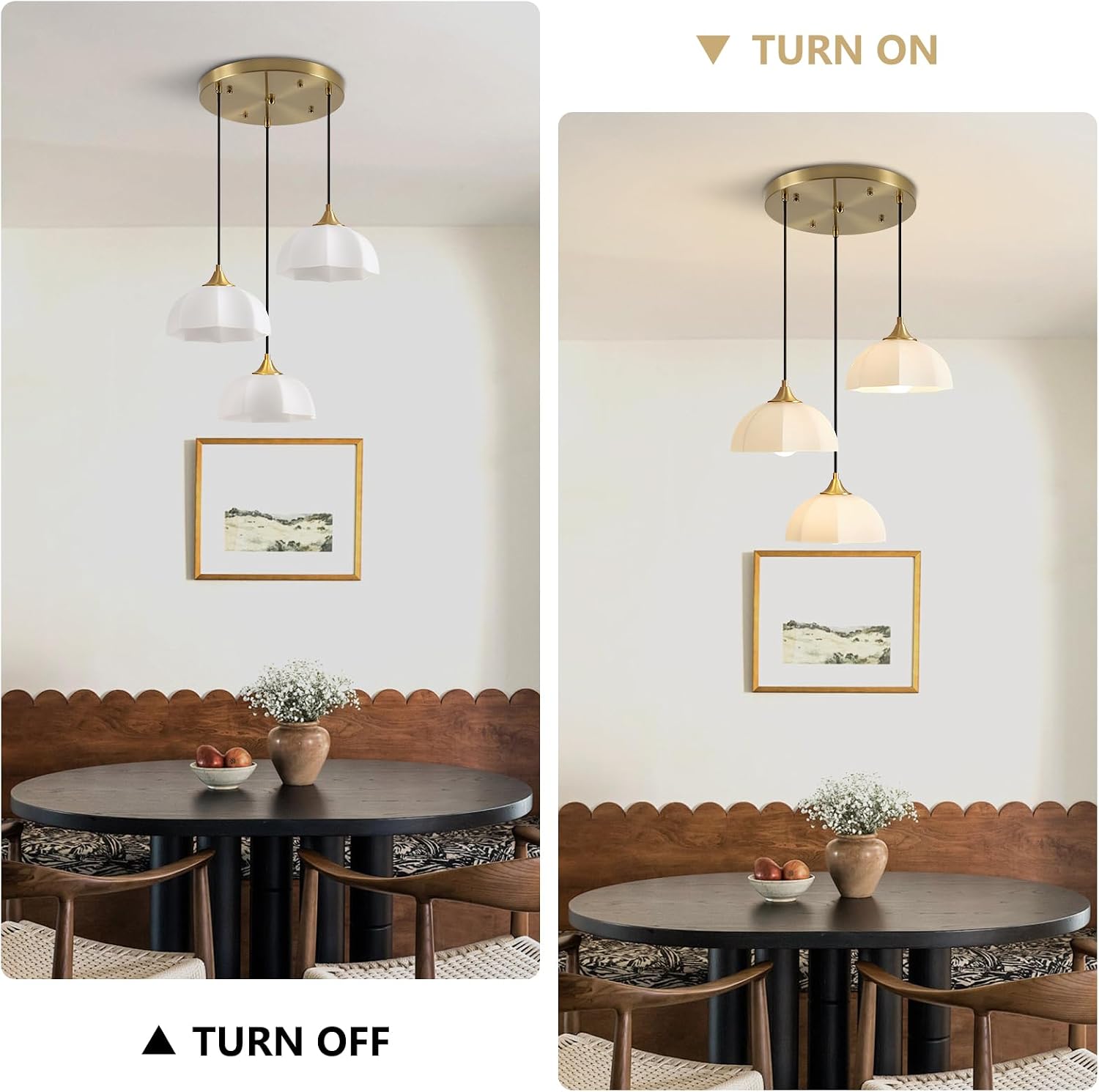 3 Lihgt Minimalist Style Ceiling Hanging Lamp 7.8' White Dome Glass Lampshade Brass Finish Ceiling Light Nordic Retro Pendant Light for Kitchen Island Bedroom Bedside