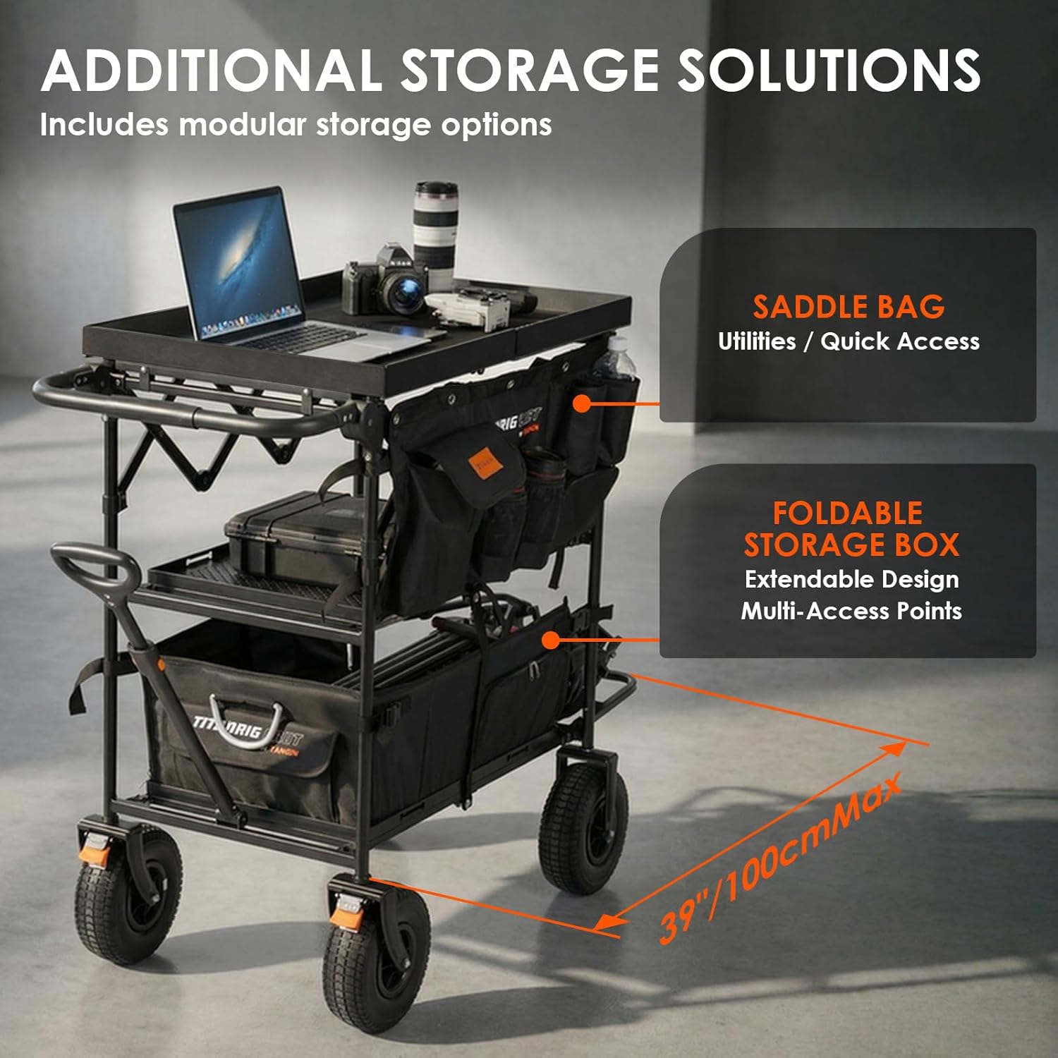 TARION Video Production Camera Cart - Foldable Photography Dolly with Inflatable Rubber Wheels and Wider Top Shelf - Heavy Duty Mobile Workstation with Storage Bins for Film Crew - Titanrig Cart Pro