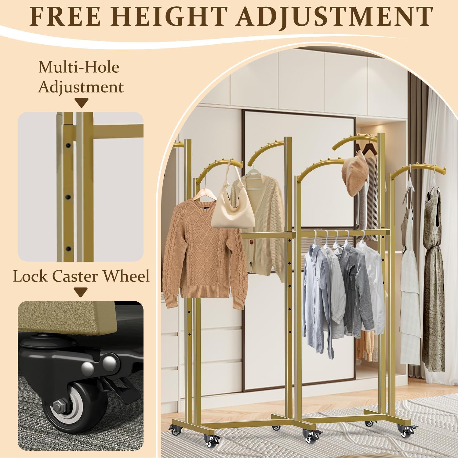 Floor Standing Metal Garment Rack With Wheels, 6 Arms Clothing Rack, Heavy Duty Metal Clothing Garment Rack with Curved Arms, Display Rack for Hanging Clothes,Gold