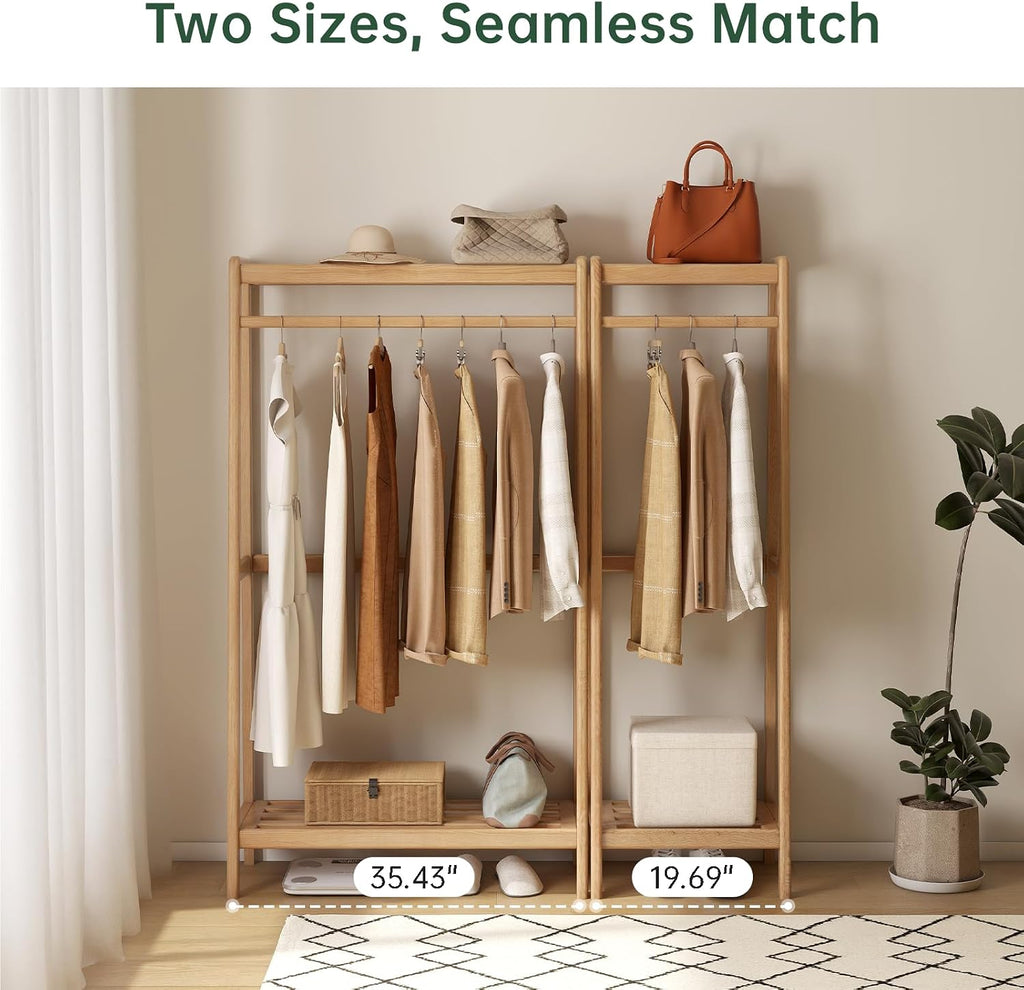 Solid Wood Clothes Rack, Clothing Rack with Shelves for Bedroom, Living Room, Entryway, 16' x 20' x 63', Oak Wood, Natural