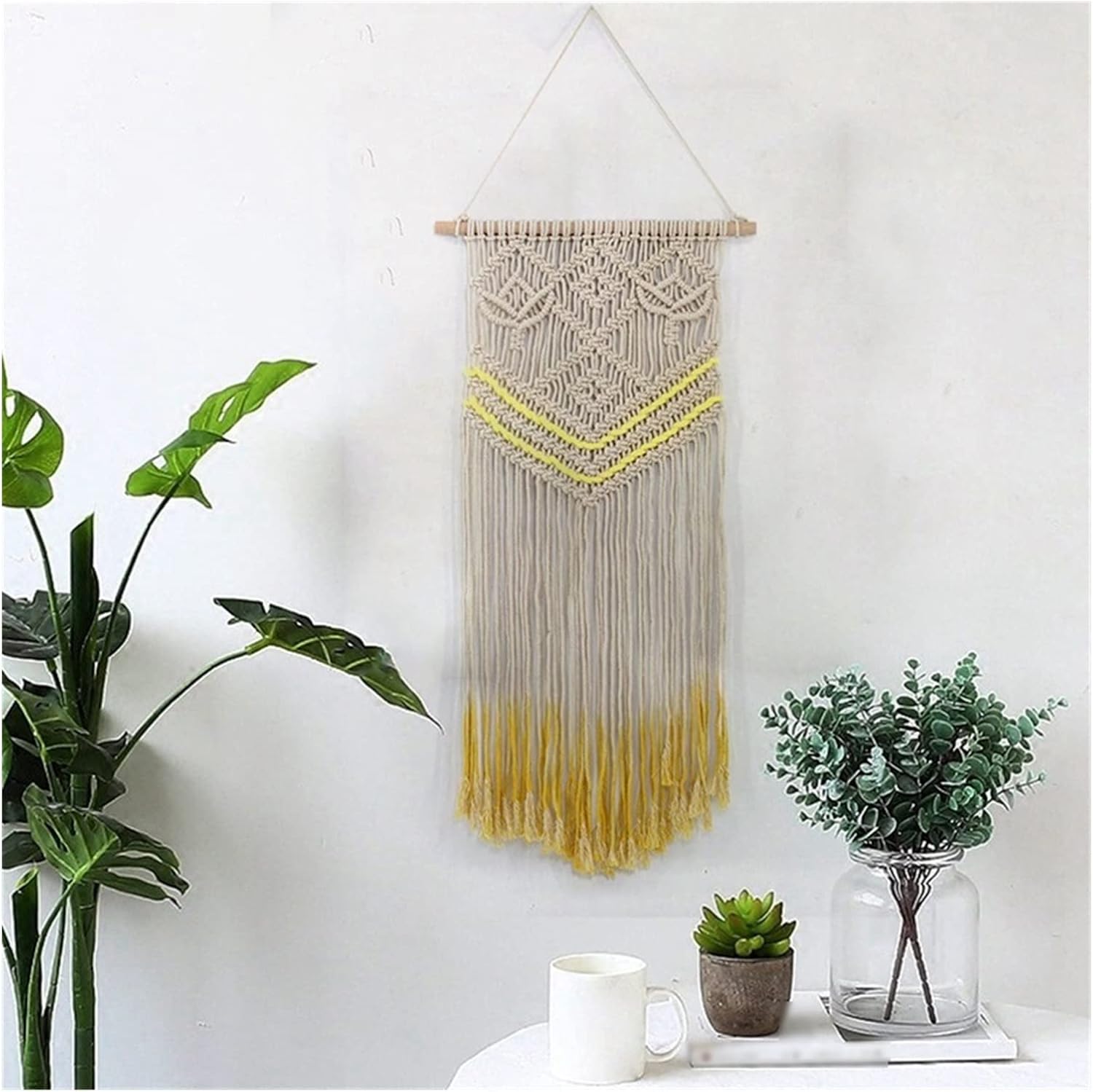 Tapestry Macrame Wall Hanging Woven Tapestry Bohemian Chic Tassels Wall Art for Wedding Backdrop Decoration (Beige Yellow)