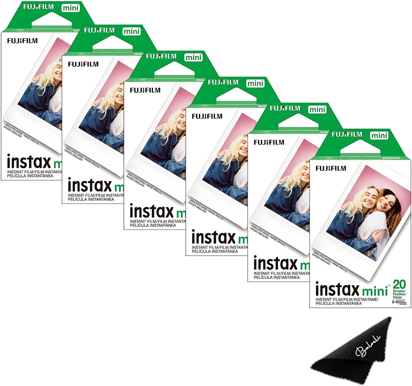 Fujifilm Instax Mini Film ISO 800, Six Twin Packs 120 EXP Total Compatible with Instax Mini Evo, 12, 11, 9 Models, Includes Balveli Premium Microfiber Cleaning Cloth