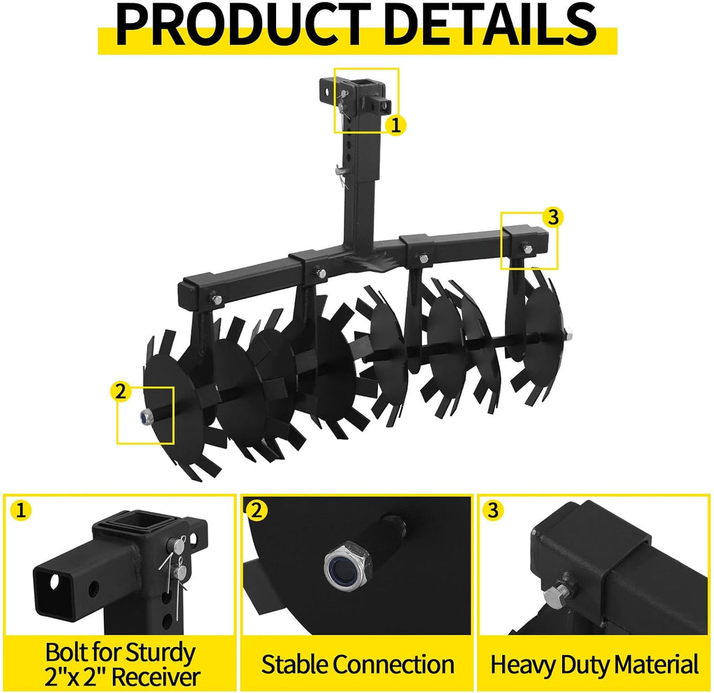 32' Disc Plow Harrow with 2' Receiver Mount for ATV/UTV, Heavy Duty Adjust Height Pull Behind Tiller, Black
