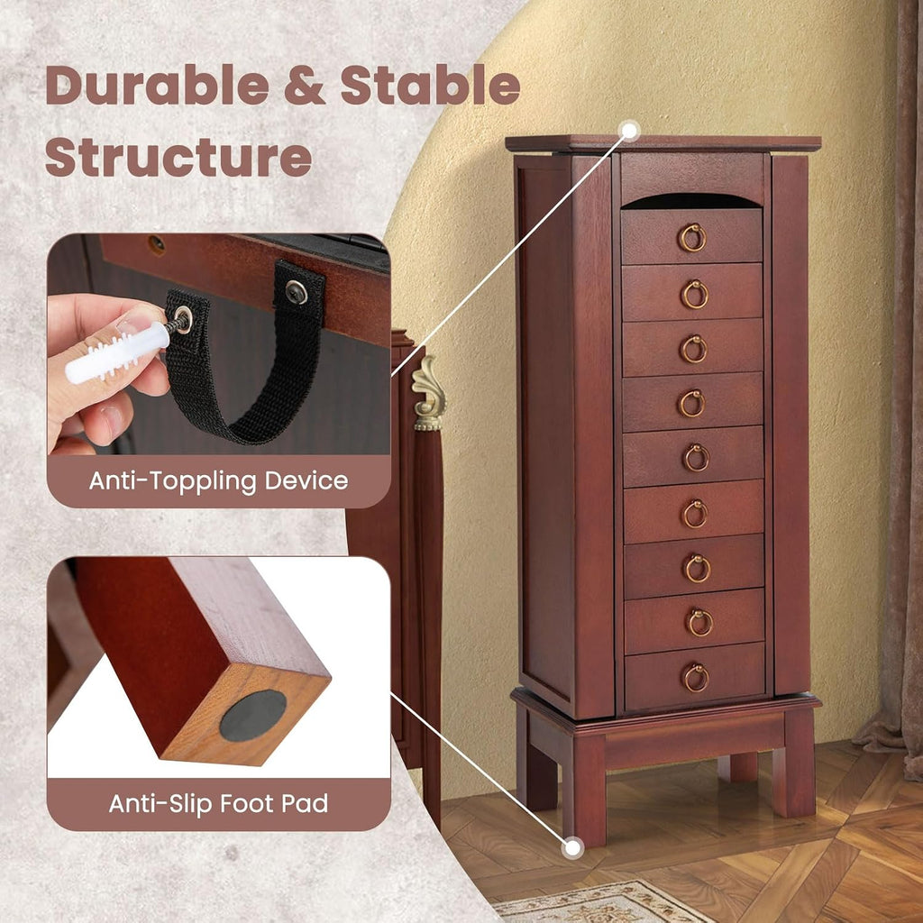 NAFORT Jewelry Armoire with Top Flip Vanity Mirror, Jewelry Cabinet with 9 Drawers and 2 Side Doors for Necklace, Large Storage Capacity Jewelry Organizer and Storage, Walnut