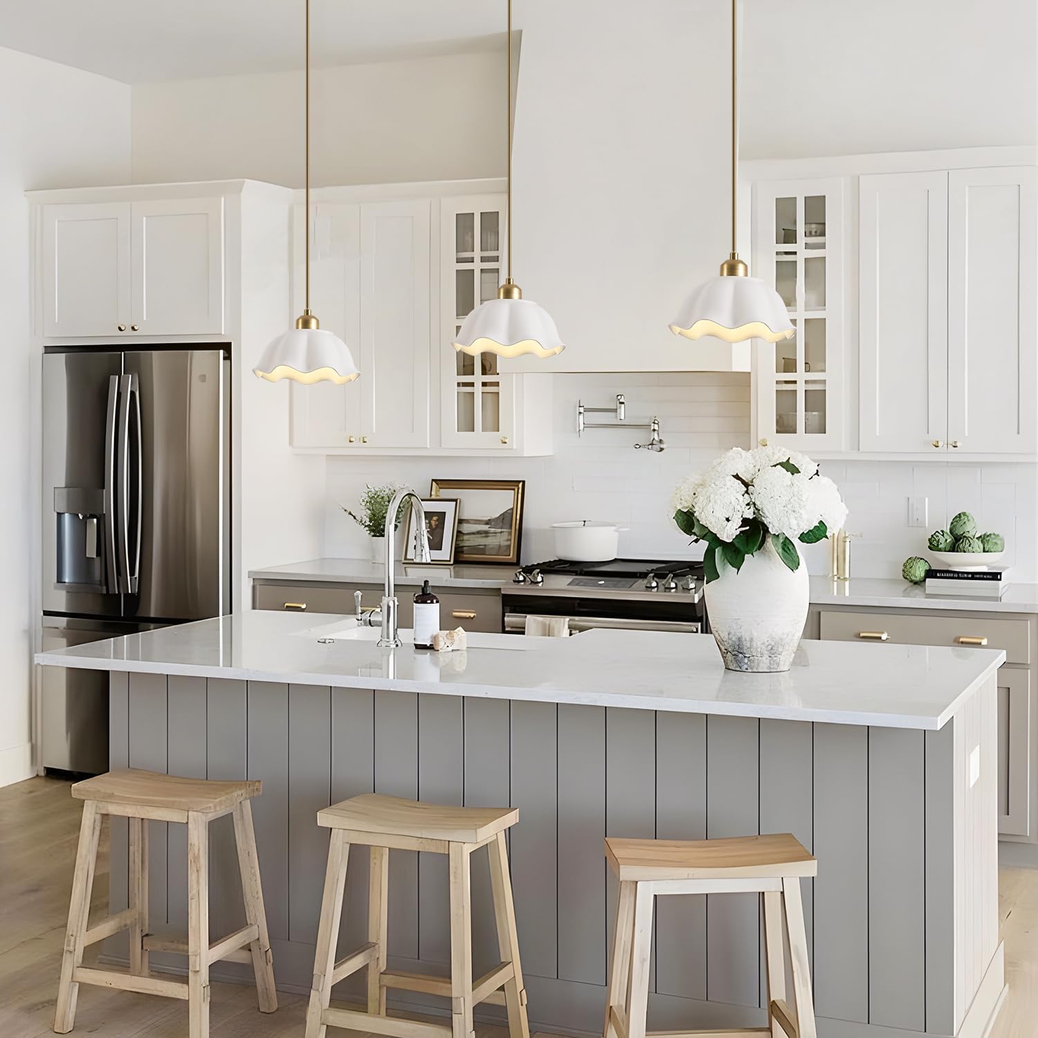 Ceramic Pendant Light Set of 2 with Retro White Dome Lampshade Modern Ceiling Hanging Lamp Adjustable Nordic Mid Century Pendant Light for Kitchen Island Bedroom Restaurant