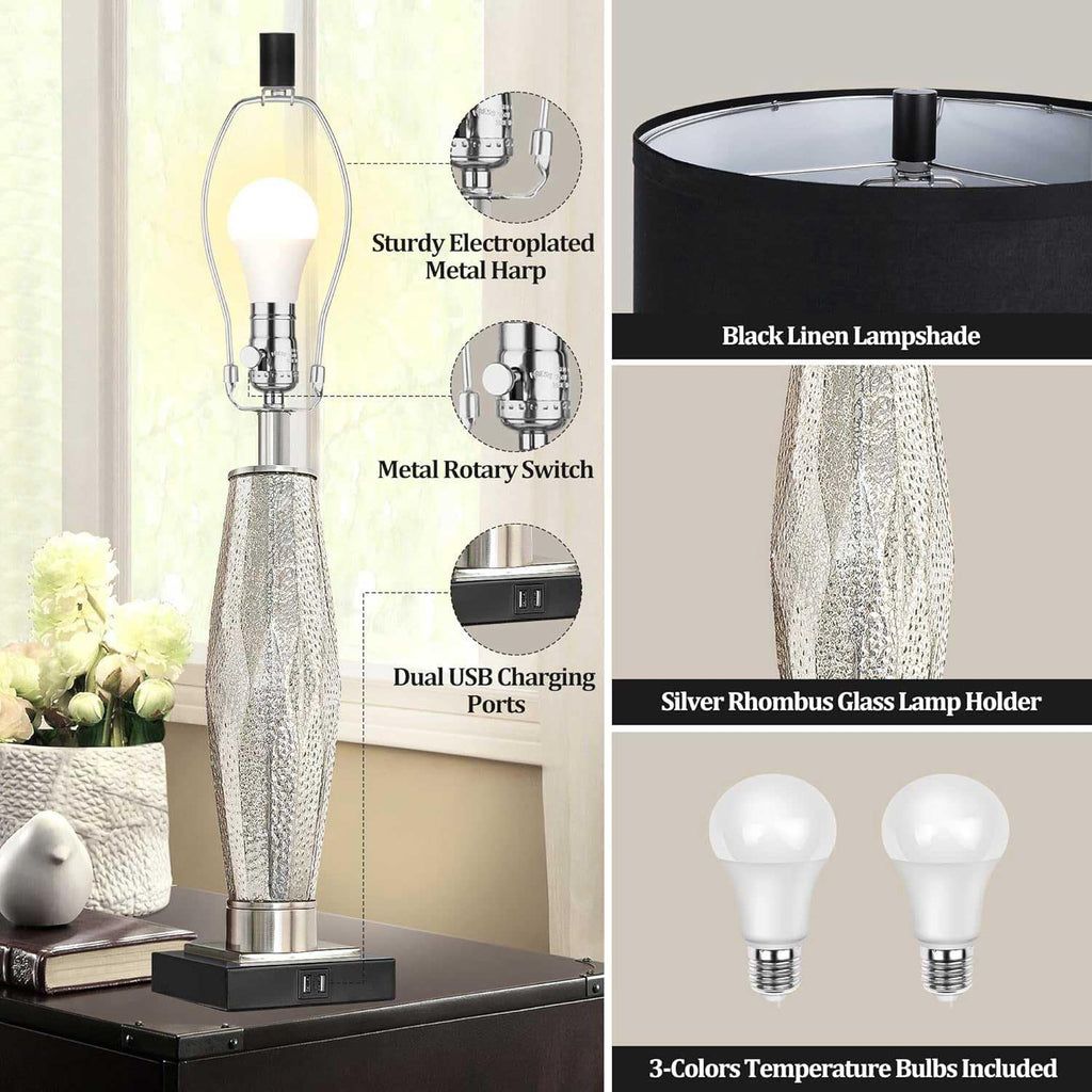 Table Lamps Set of 2, Modern Bedroom Lamps with USB A+C Charging Ports, 3-Color Temperature Bedside Lamps with LED Bulbs, Glass & Metal Nightstand Lamps with Black Fabric Shade for Living Room