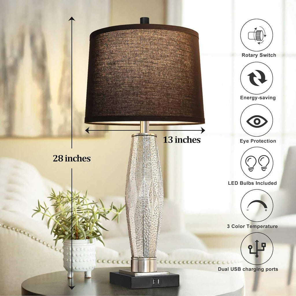 Table Lamps Set of 2, Modern Bedroom Lamps with USB A+C Charging Ports, 3-Color Temperature Bedside Lamps with LED Bulbs, Glass & Metal Nightstand Lamps with Black Fabric Shade for Living Room
