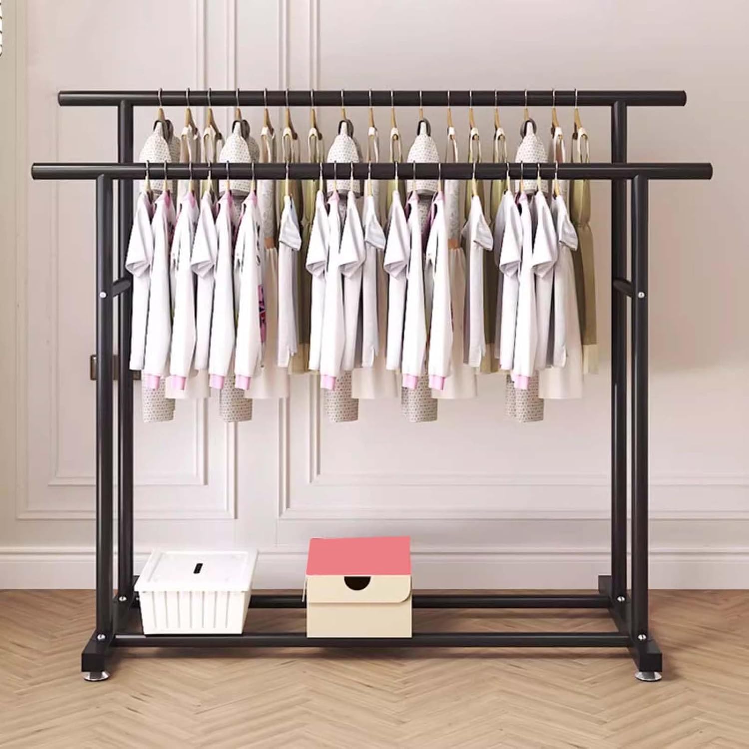 Heavy-Duty Metal Clothes Rack, Rolling Garment Rack with Sturdy Wheels & Shelves, Freestanding Double Rod Clothing Rack for Hanging, Portable Industrial Wardrobe Organizer