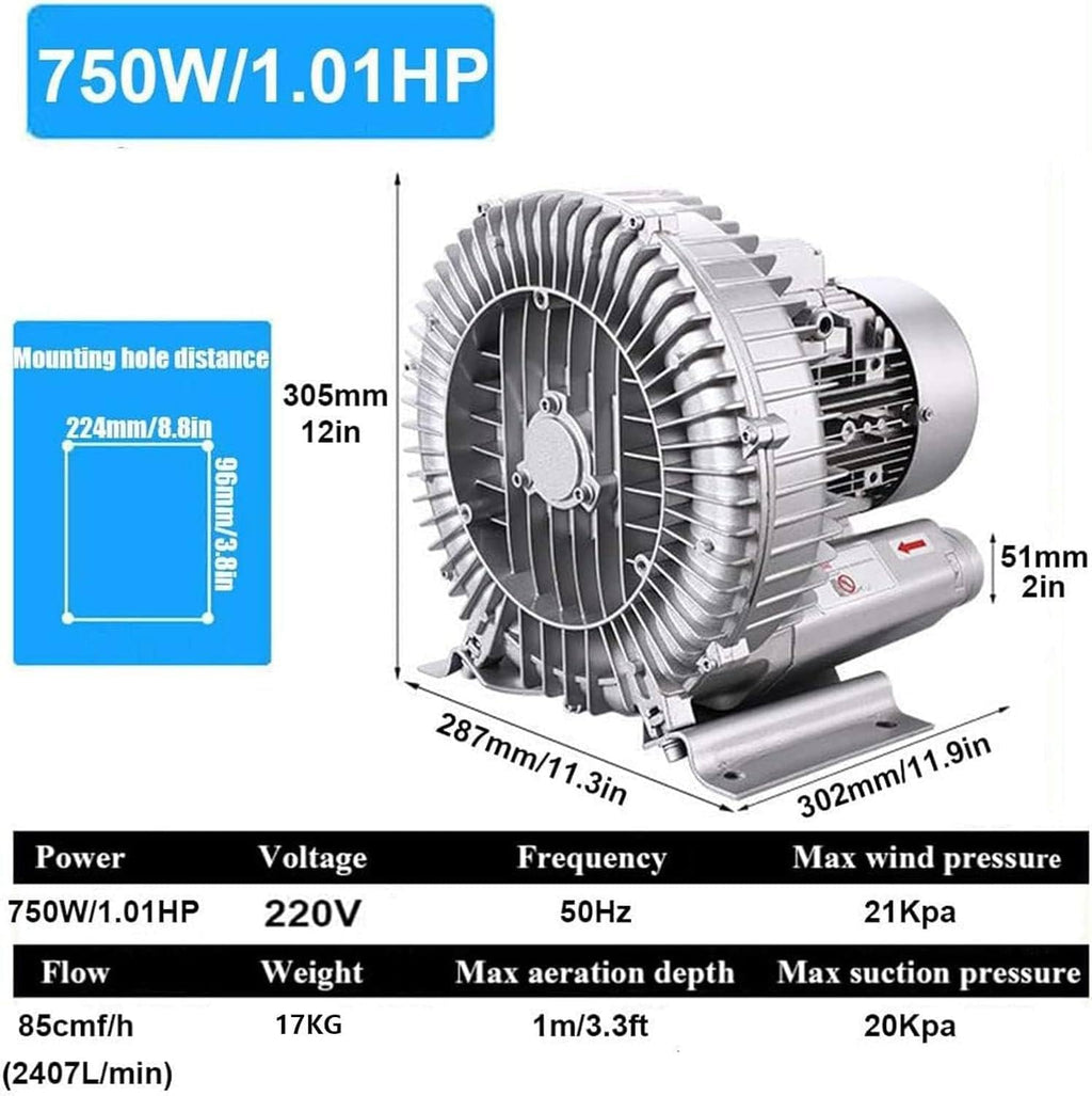 Regenerative Blower High-Pressure Vortex Ring Blower 110V/220V 50Hz Single Phase 120W(0.16HP)-1100W(1.48HP) for Sewage Aeration Aquarium Fish Pond,750W/1.01HP