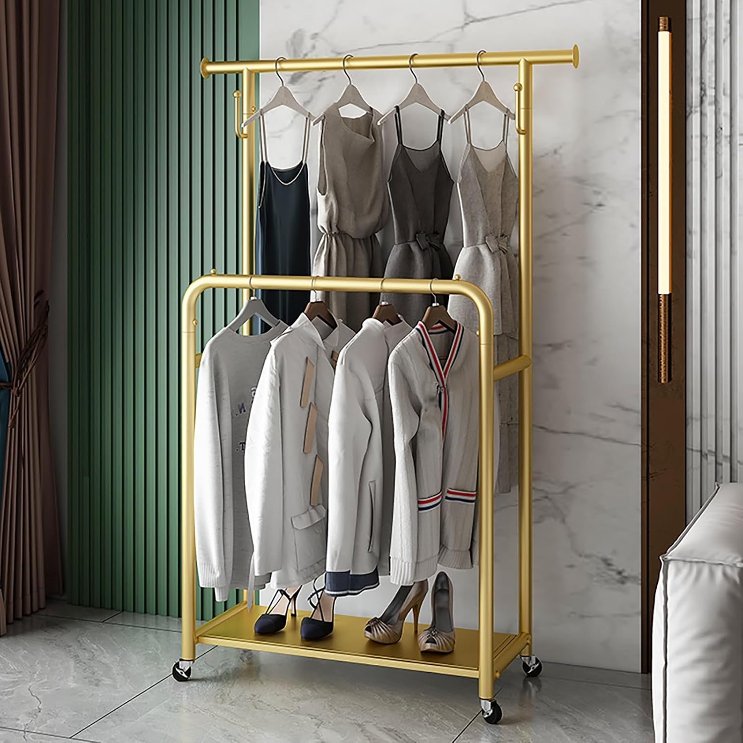 Double Rods Clothes Rack with Wheels,Heavy Duty Garment Racks for Hanging Clothes,Metal Portable Clothing Rack,Sturdy Coat Rack for Bedroom(Gold,80cm/31.5in)
