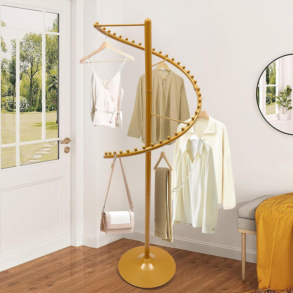 1.8M Spiral Rotating Clothing Rack, Metal Garment Rack Freestanding Coat Rack Retail Display Storage Shelf for Clothes Coats Jackets Bags Hats