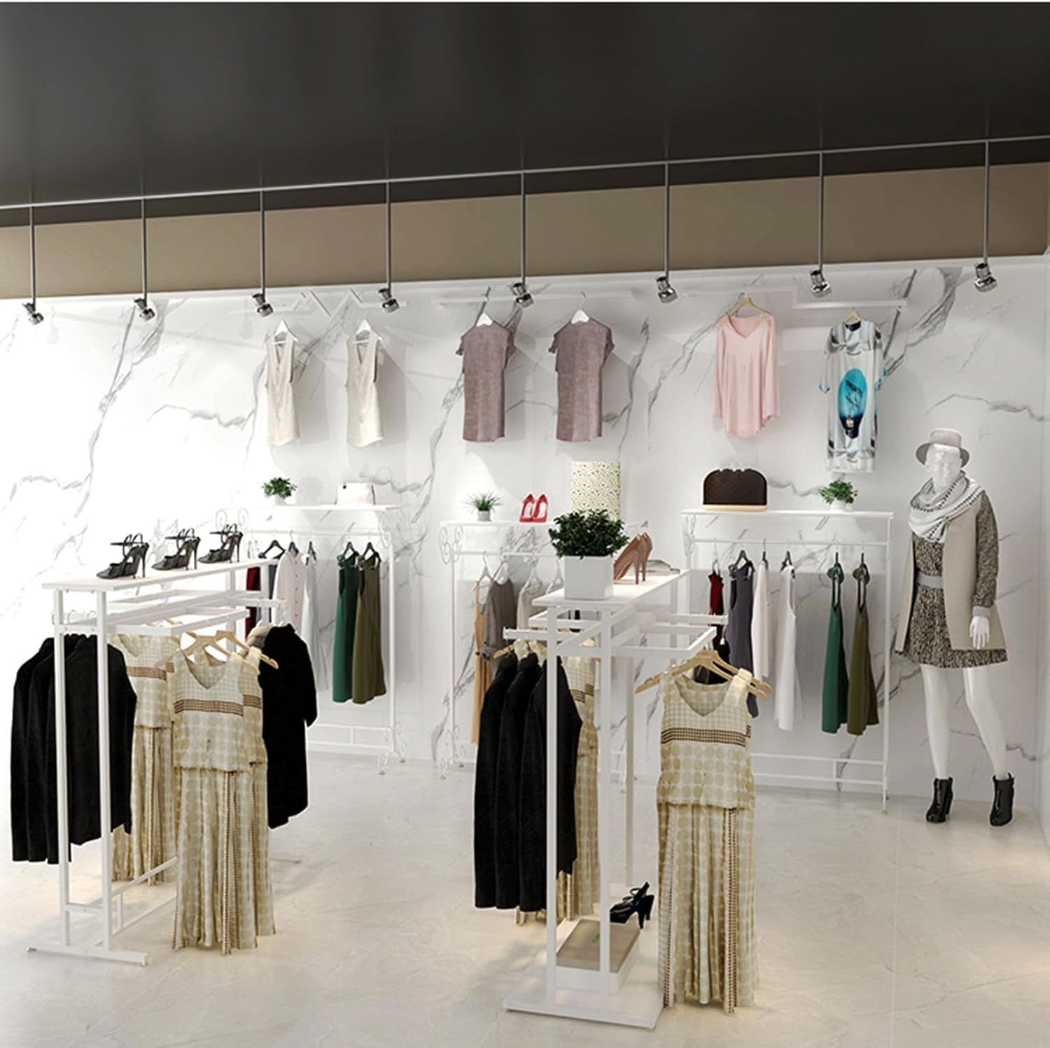Freestanding Garment Rack With Shelves, Metal Clothing Rack Boutique Display Rack Closet Organizer, Commercial Grade Clothes Display Rack, Heavy Duty Shoes Bags Clothes O(D-150X50X130Cm)