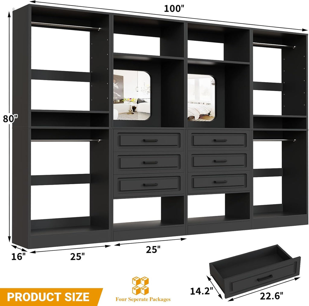 Unikito Closet System with Drawers, 100' Wood Closet Organizer with Hanging Rods and Mirror, Large Walk in Wardrobe Garment Rack with Adjustable Shelves, Sturdy Freestanding Closet Tower, Black