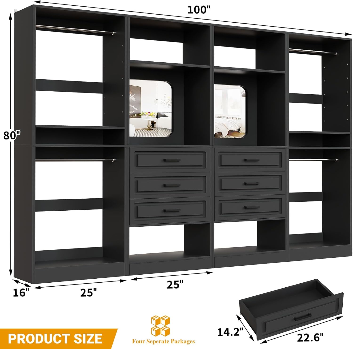 Unikito Closet System with Drawers, 100' Wood Closet Organizer with Hanging Rods and Mirror, Large Walk in Wardrobe Garment Rack with Adjustable Shelves, Sturdy Freestanding Closet Tower, Black