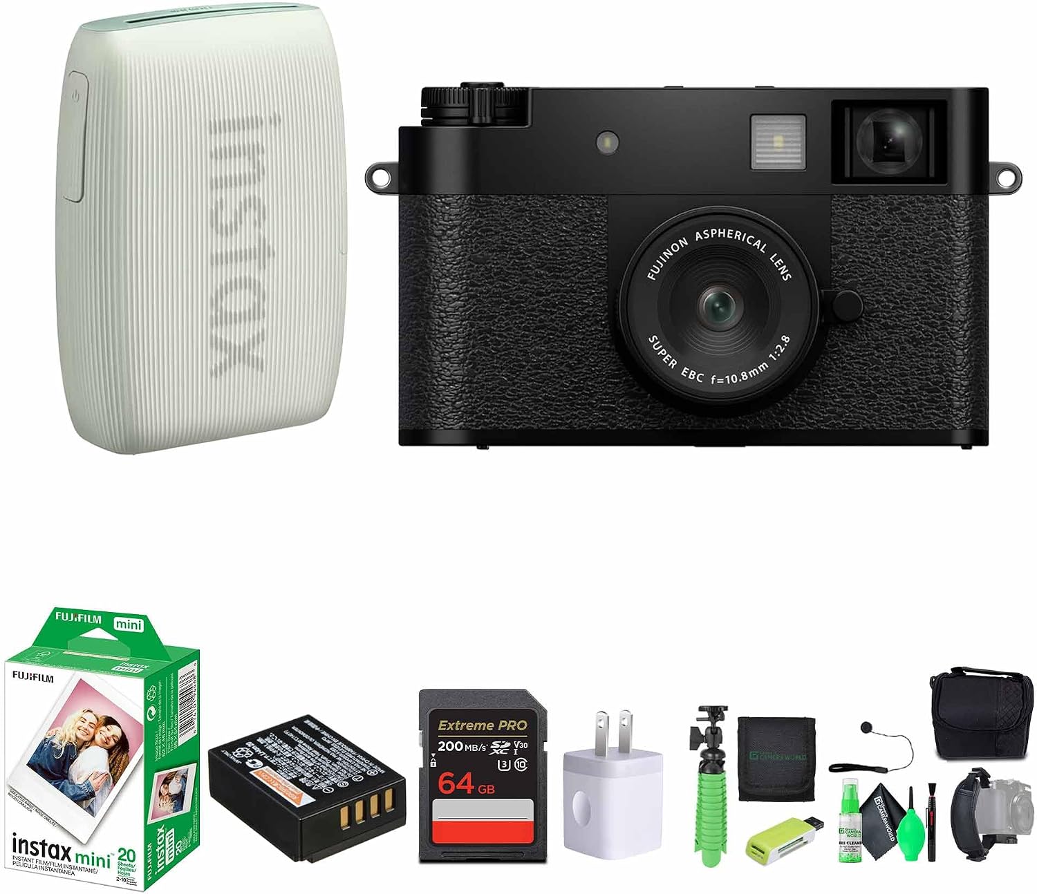 FUJIFILM X Half Premium Compact Digital Camera (Black) Bundle with Fuji Link 3 Smartphone Printer (Sage Green) + Instax Mini Film + 64GB Memory Card + Flexible Tripod + Cleaning Kit + More