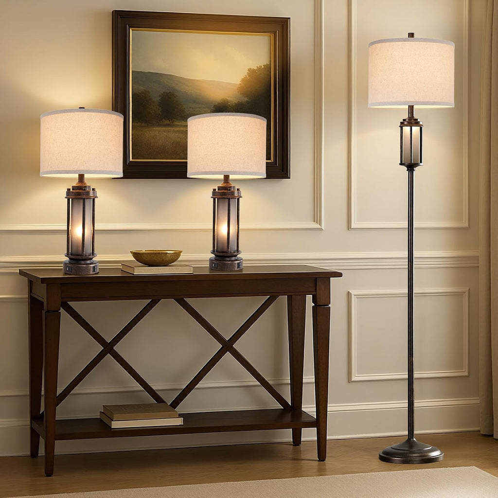 AIEAMPDO New - Same Matching Floor Lamp - 65'' Floor Lamp + 25'' Table Lamp Set of 2, Farmhouse Nightstand Lamp with Frosted Glass Nightlight Linen Fabric Shade for Living Room, Bedroom, Entryway