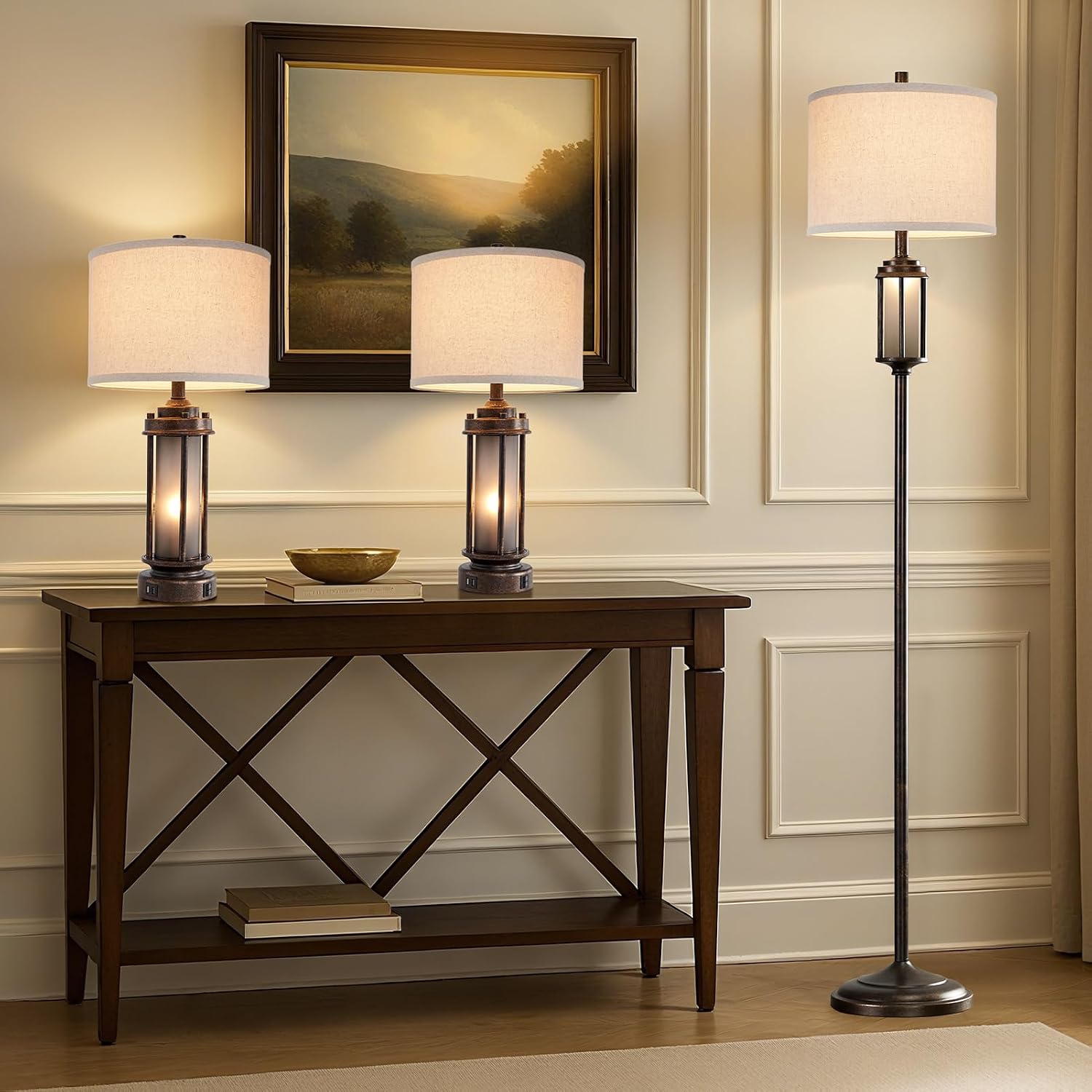 AIEAMPDO New - Same Matching Floor Lamp - 65'' Floor Lamp + 25'' Table Lamp Set of 2, Farmhouse Nightstand Lamp with Frosted Glass Nightlight Linen Fabric Shade for Living Room, Bedroom, Entryway