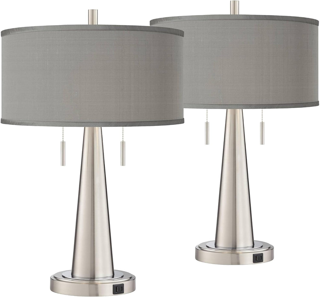 Possini Euro Design Vicki Modern Accent Table Lamps 23' High Set of 2 with USB Charging Port Brushed Nickel Gray Faux Silk Drum Shade for Living Room Desk Bedroom House Bedside Nightstand Home