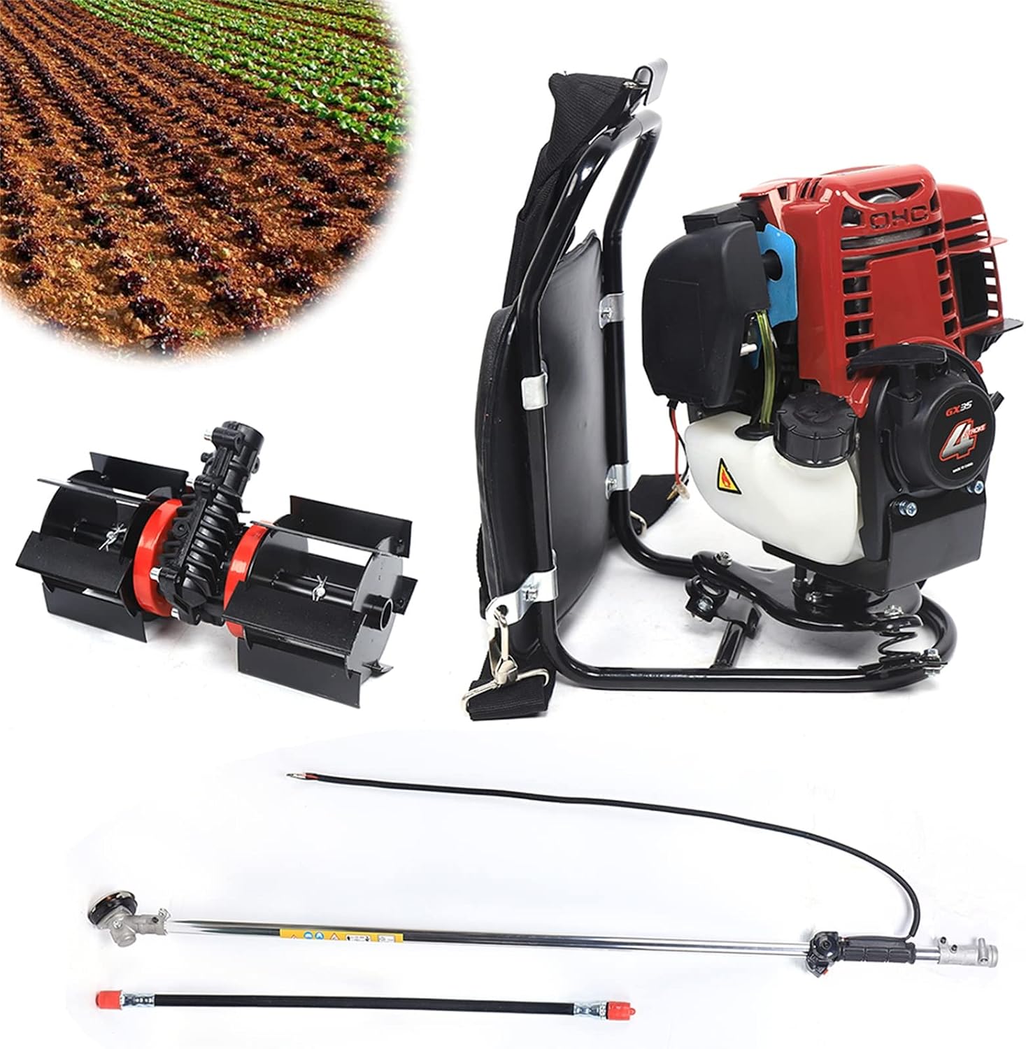 4 Stroke Cultivator Tiller, 35.4CC 1.4HP Backpack Lawn Mower, Single-Cylinder Air-Cooled Brush Cutter Hedge Trimmer, 3 in 1 Gas Powered Brush Grass Trimmer Cutter for Farmland Weeding, Harvesting